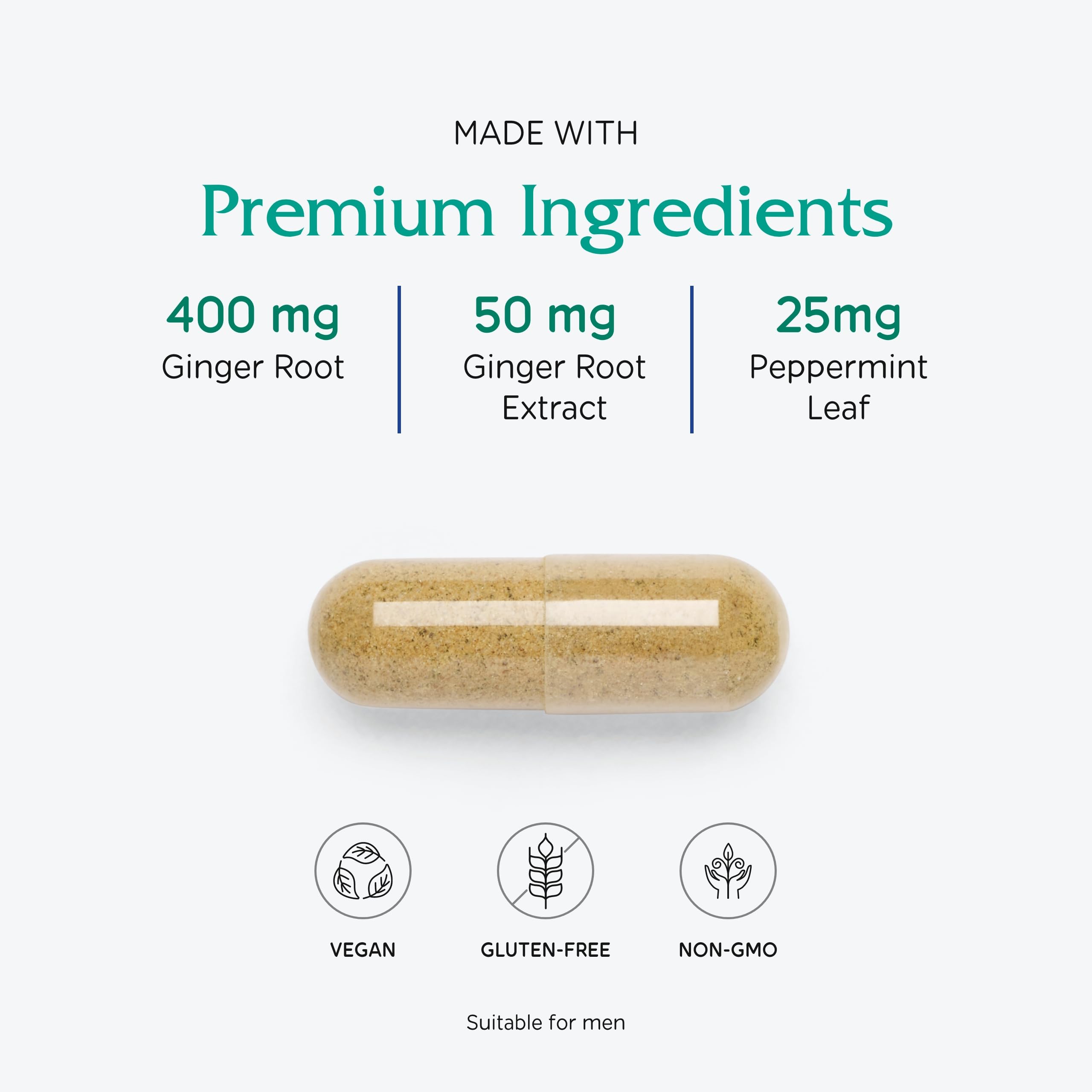 Vitanica Nausea Ease etiqueta detalles, destacan ingredientes vegetales y enfoque vegano.