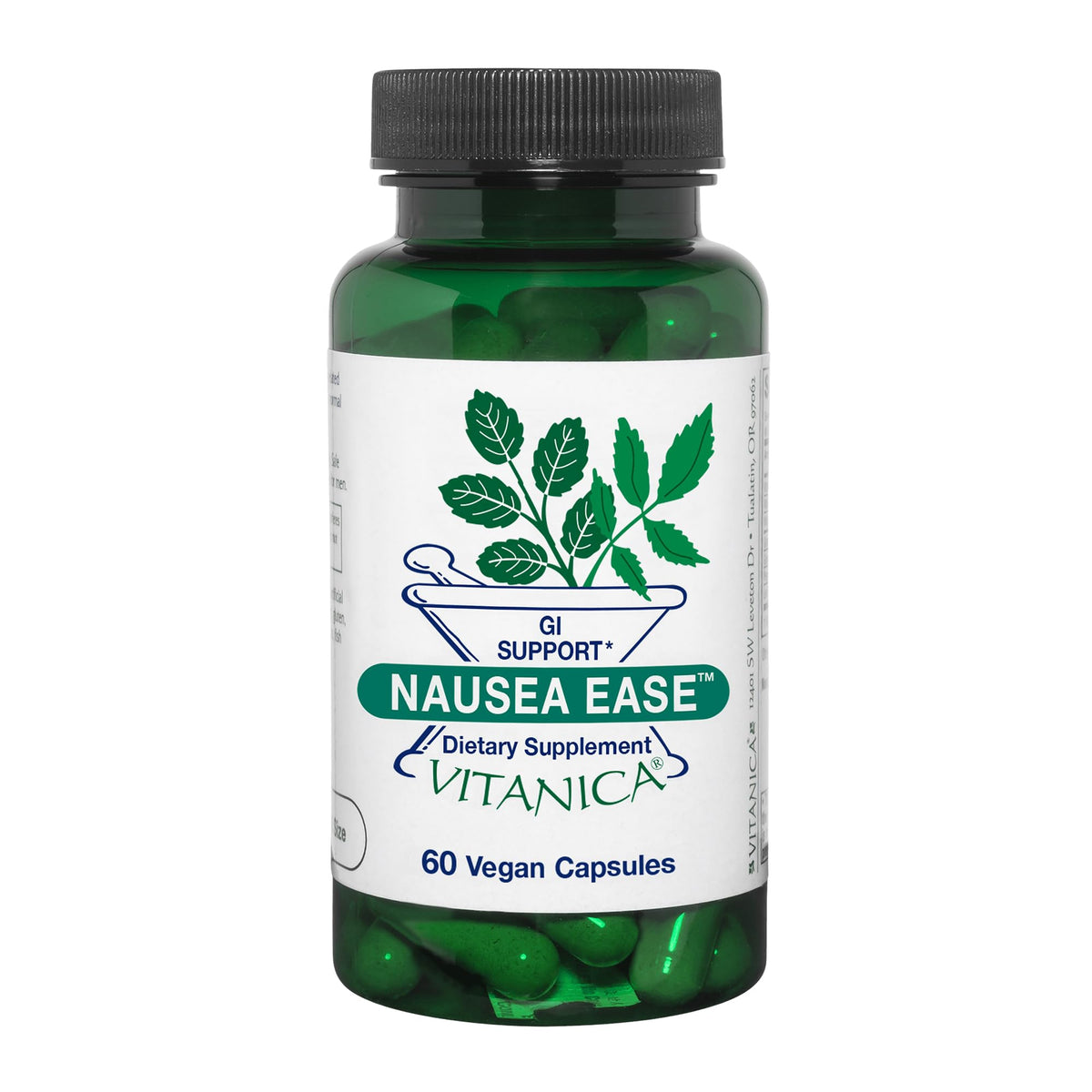 Vitanica Nausea Ease frente del envase, enfoque en soporte digestivo suave.