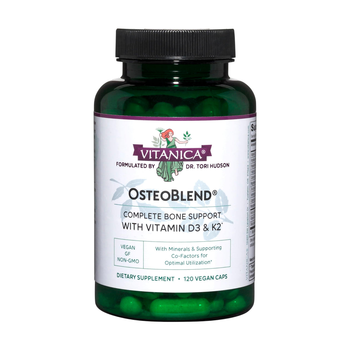 Vitanica OsteoBlend: botella frontal muestra etiqueta y enfoque en soporte óseo.