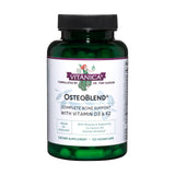 Vitanica OsteoBlend: botella frontal muestra etiqueta y enfoque en soporte óseo.