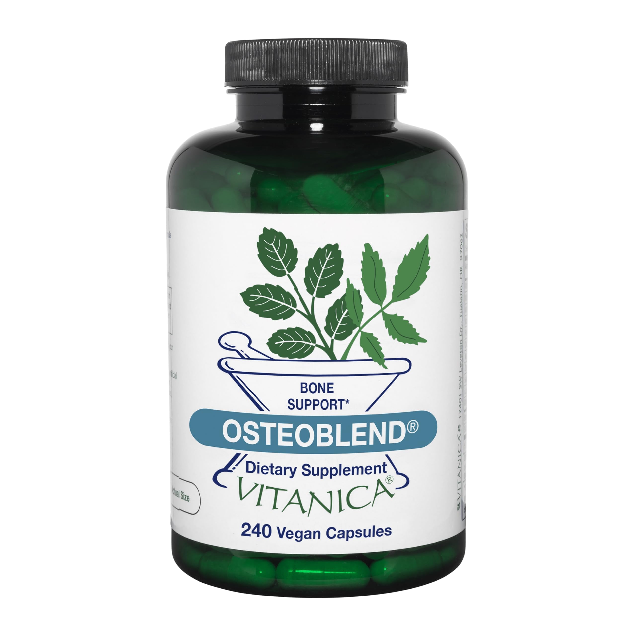 Vitanica OsteoBlend, botella con cápsulas, apoya potencialmente la salud ósea diaria.