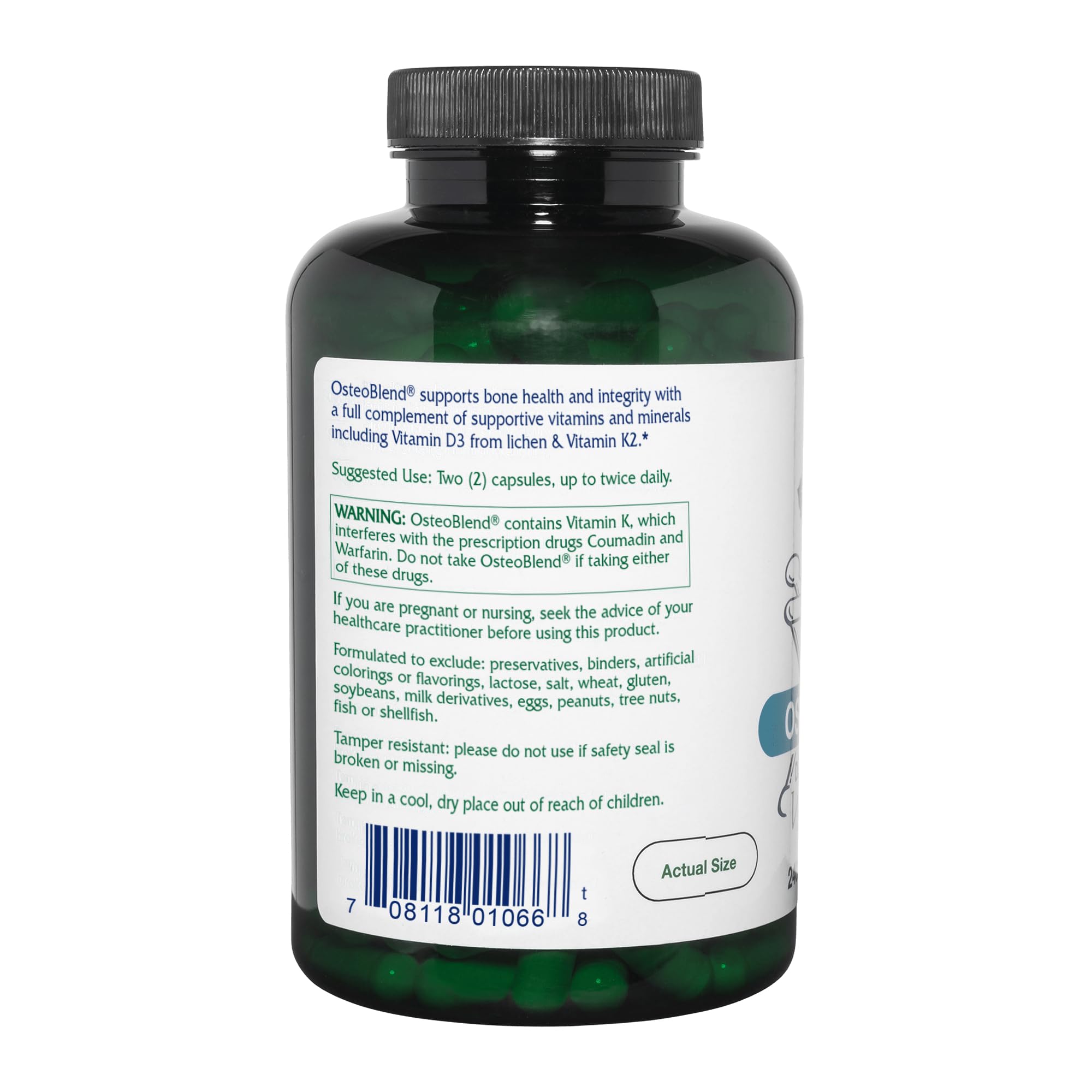 Vitanica OsteoBlend, etiqueta frontal, indicios de vitamina D para absorción de calcio.