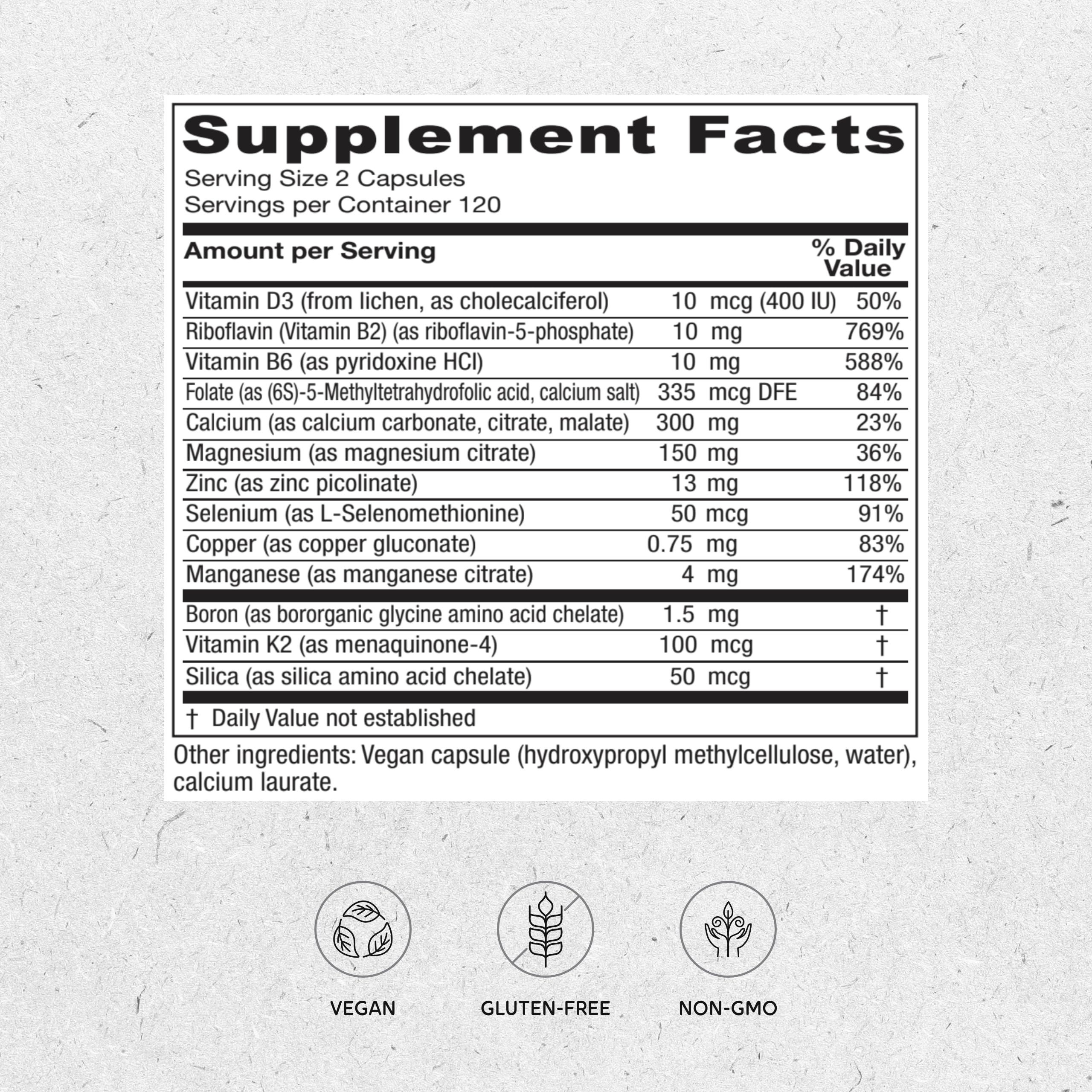 Vitanica OsteoBlend, etiqueta frontal, información clara sobre ingredientes y beneficios
