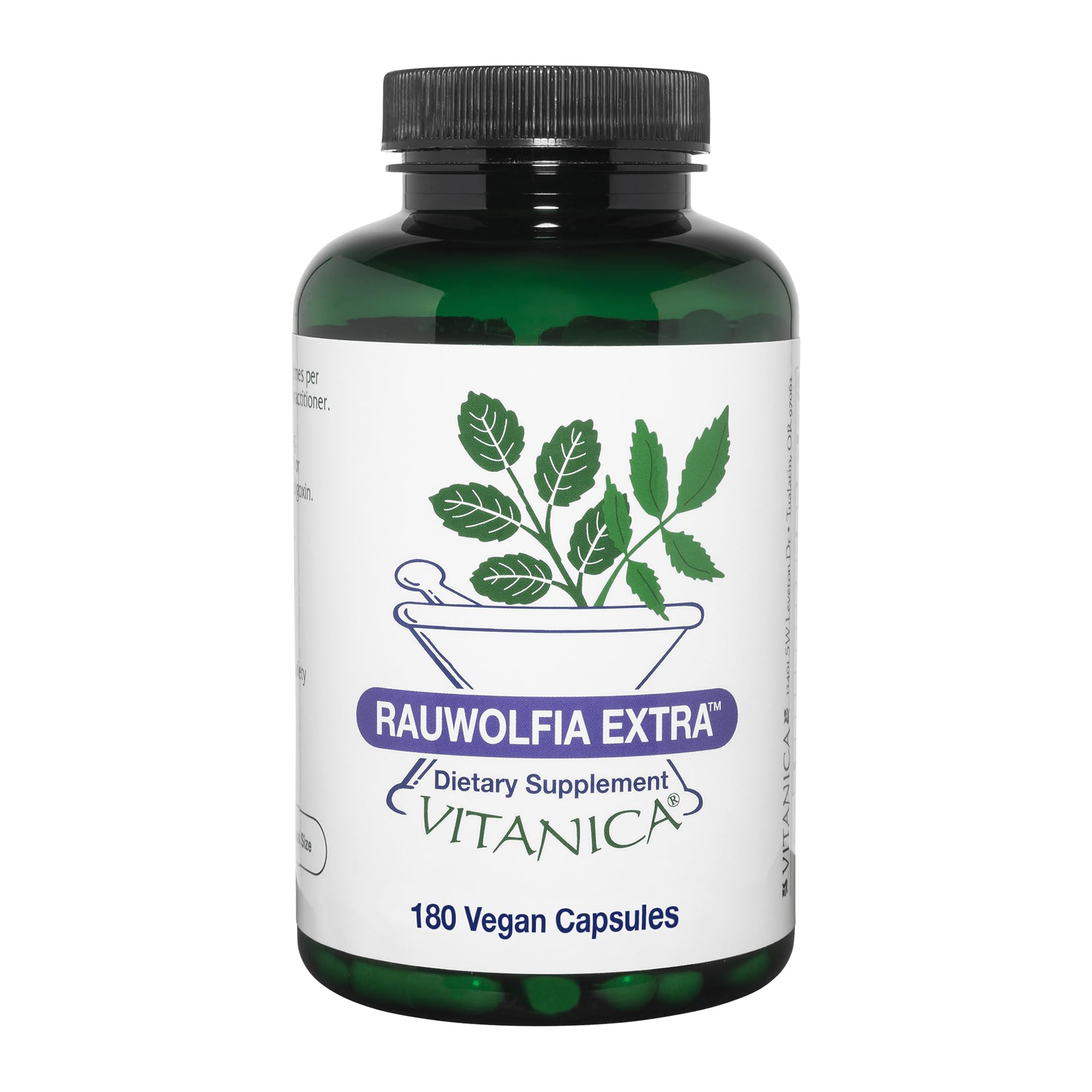 Vitanica Rauwolfia Extra, botella frontal, apoyo potencial a la circulación saludable.
