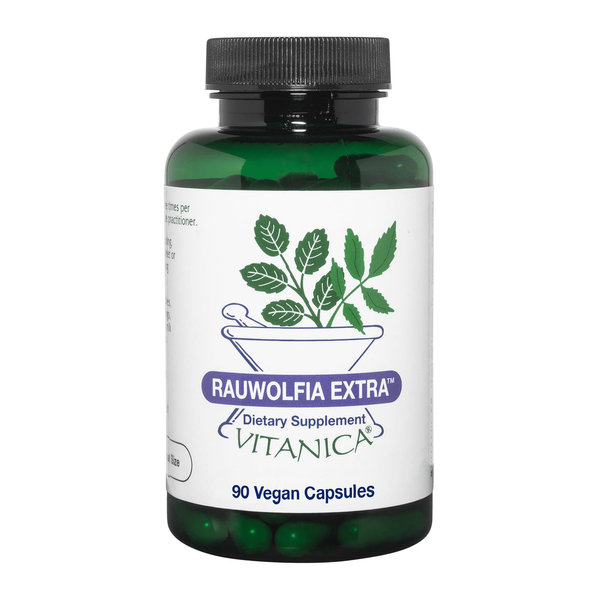 Vitanica Rauwolfia Extra botella de cápsulas para apoyo cardiovascular diario.
