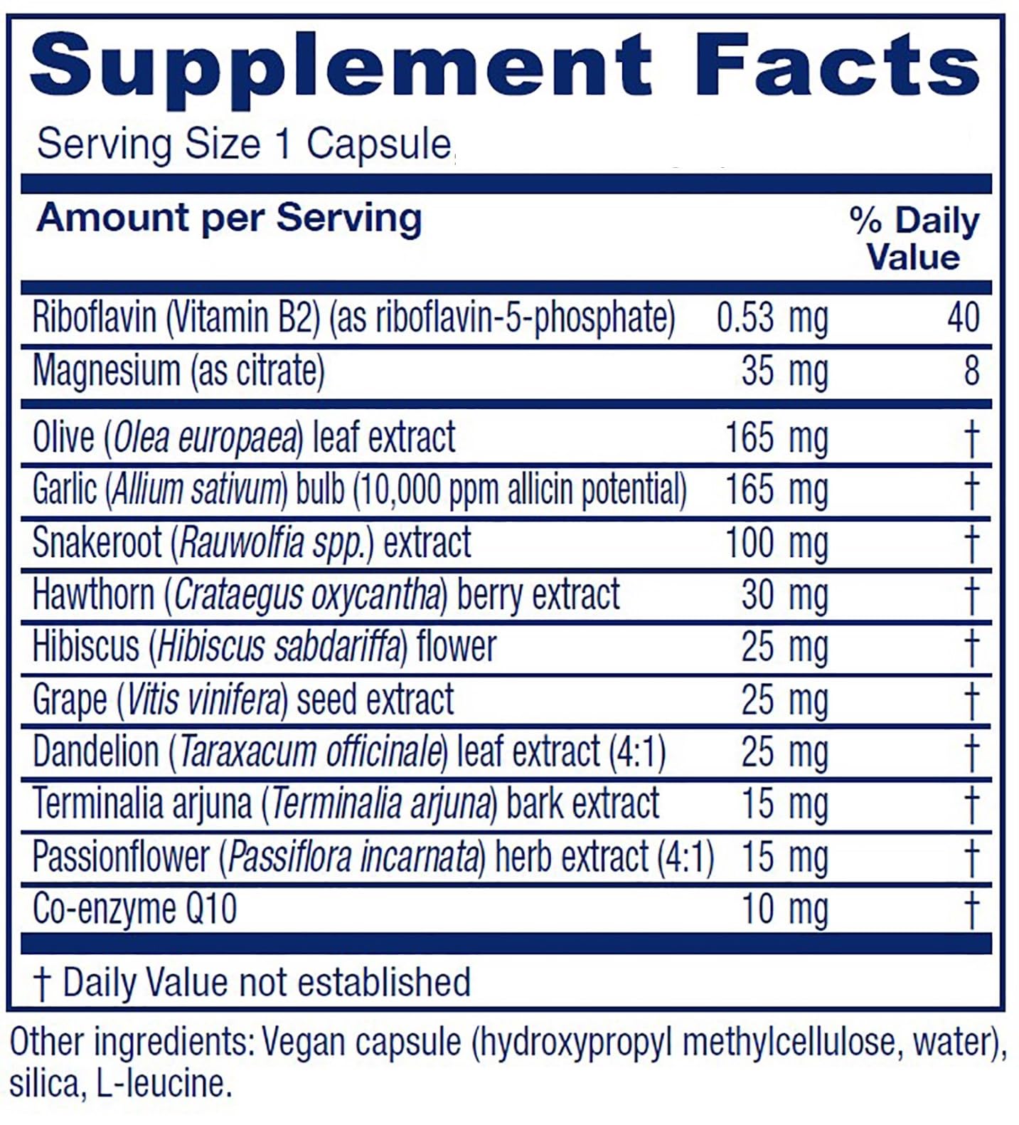 Vitanica Rauwolfia Extra, etiqueta detallada, ingredientes beneficiosos para la salud cardiovascular.