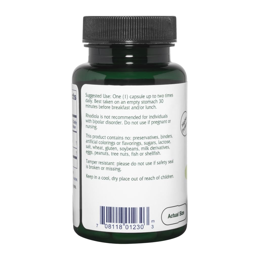 Vitanica Rhodiola etiqueta frontal, diseño claro de la composición y concentraciones clave