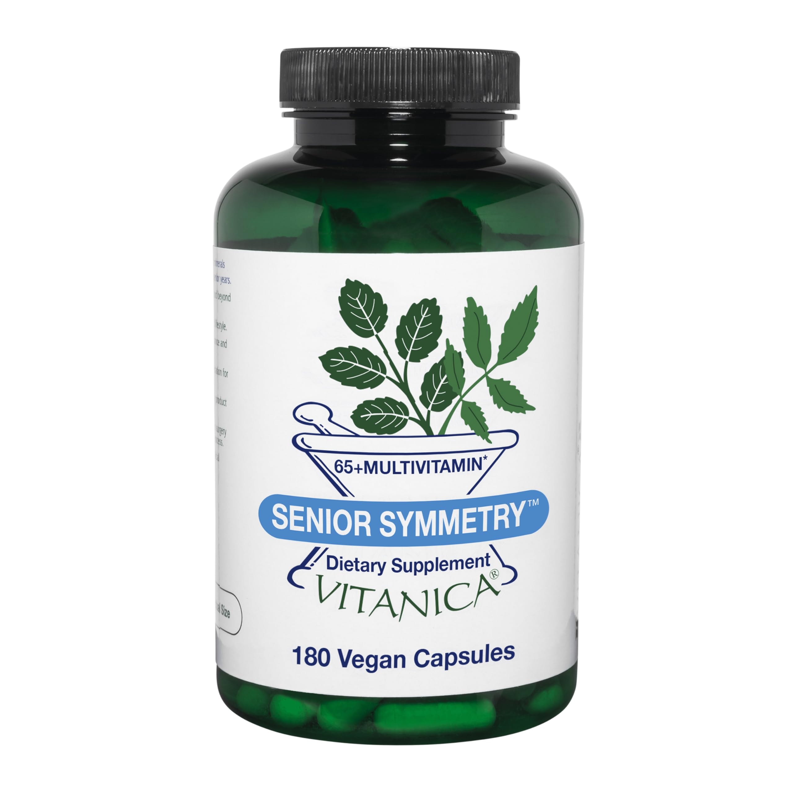 Vitanica Senior Symmetry, frasco de cápsulas, apoyo nutricional diario para mayores.