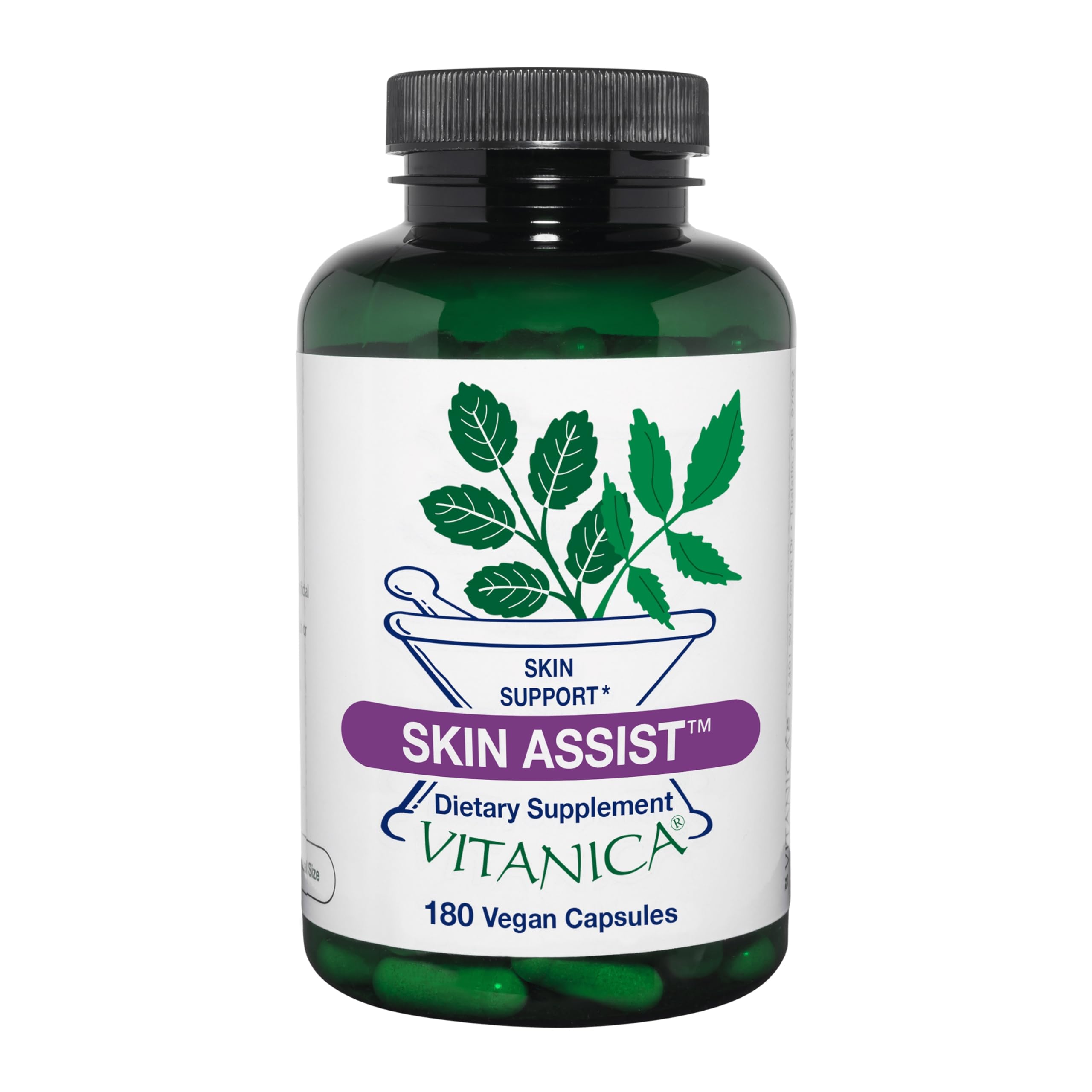Vitanica Skin Assist, botella de 180 cápsulas para piel sana y luminosidad natural.
