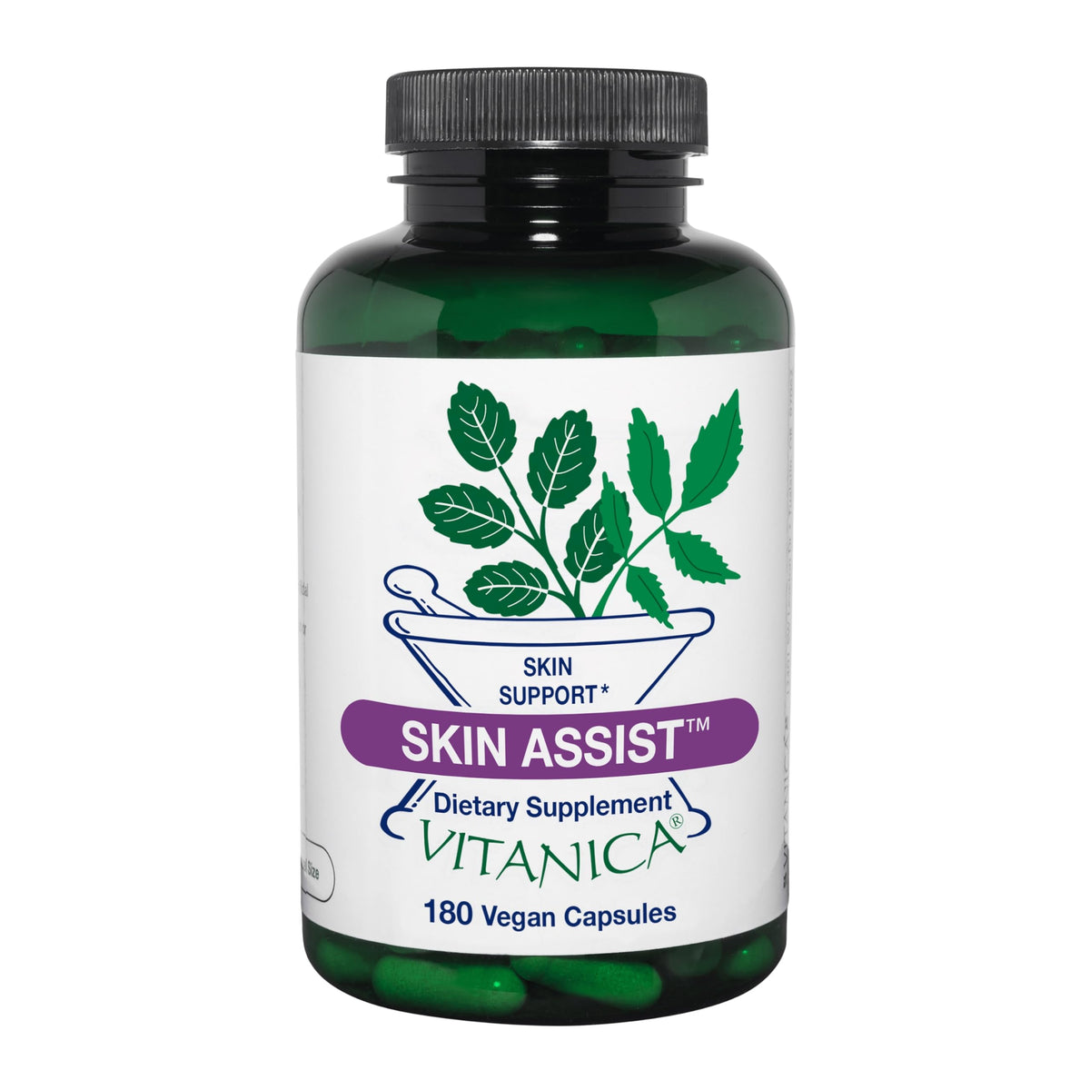 Vitanica Skin Assist, botella de 180 cápsulas para piel sana y luminosidad natural.