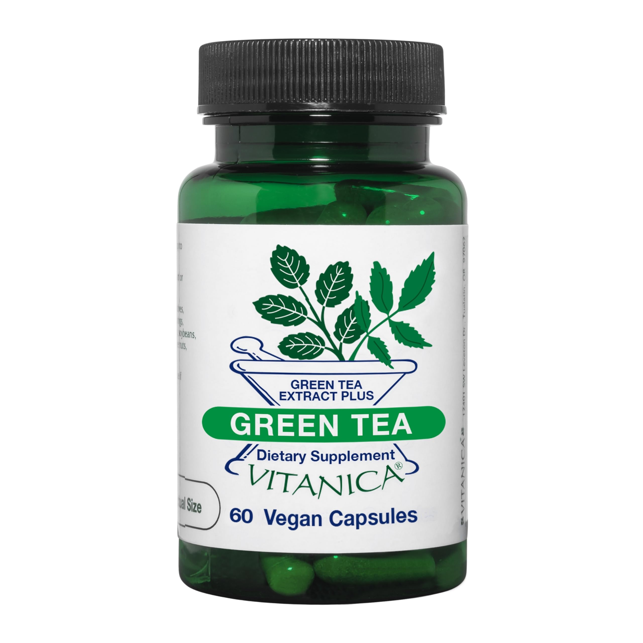 Frasco de Vitanica té verde 330 mg en primer plano, potencia antioxidante