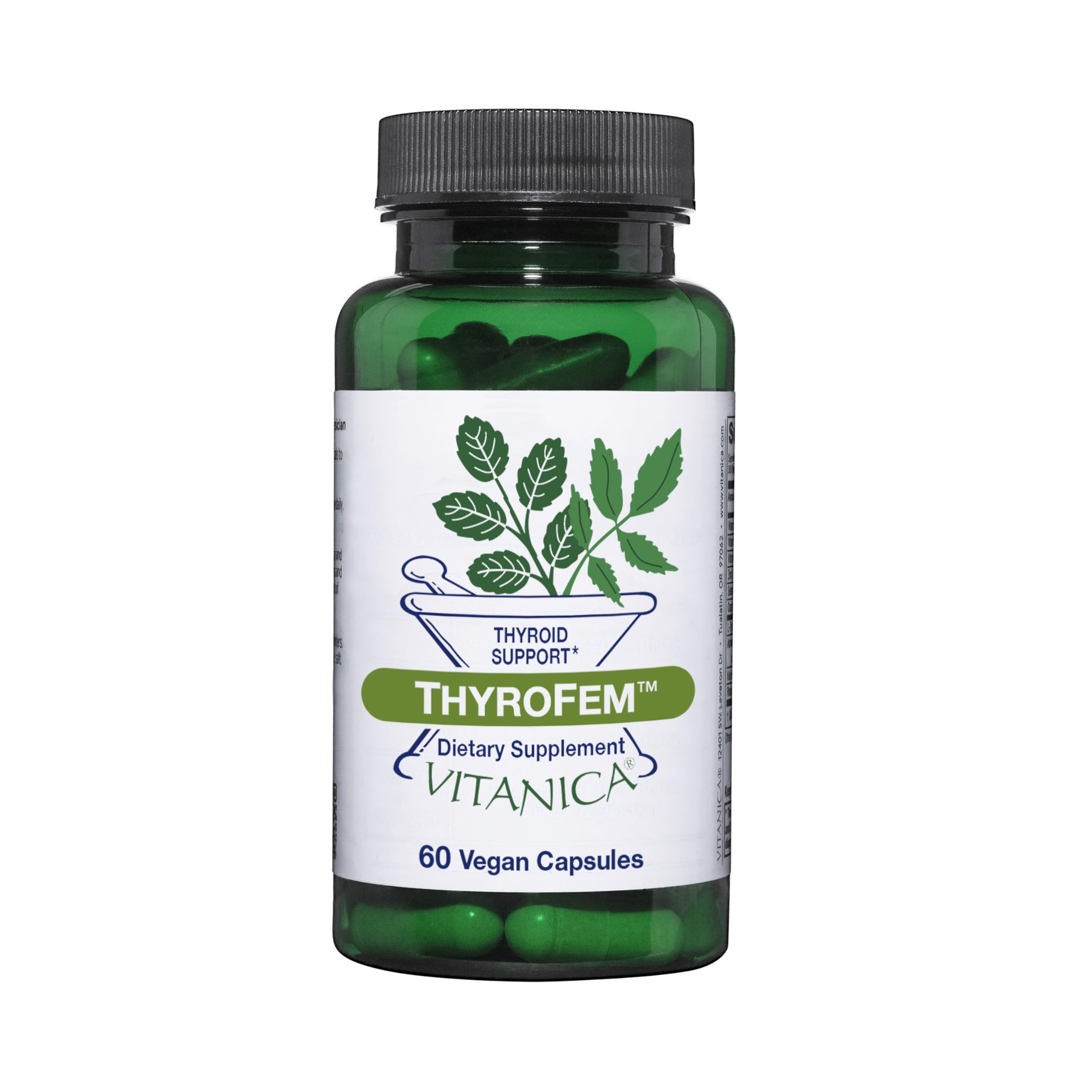 Vitanica ThyroFem, botella de cápsulas, apoyo tiroideo para energía estable.