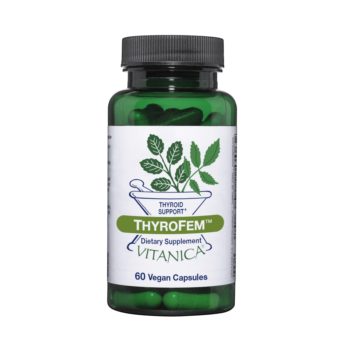 Vitanica ThyroFem, botella de cápsulas, apoyo tiroideo para energía estable.