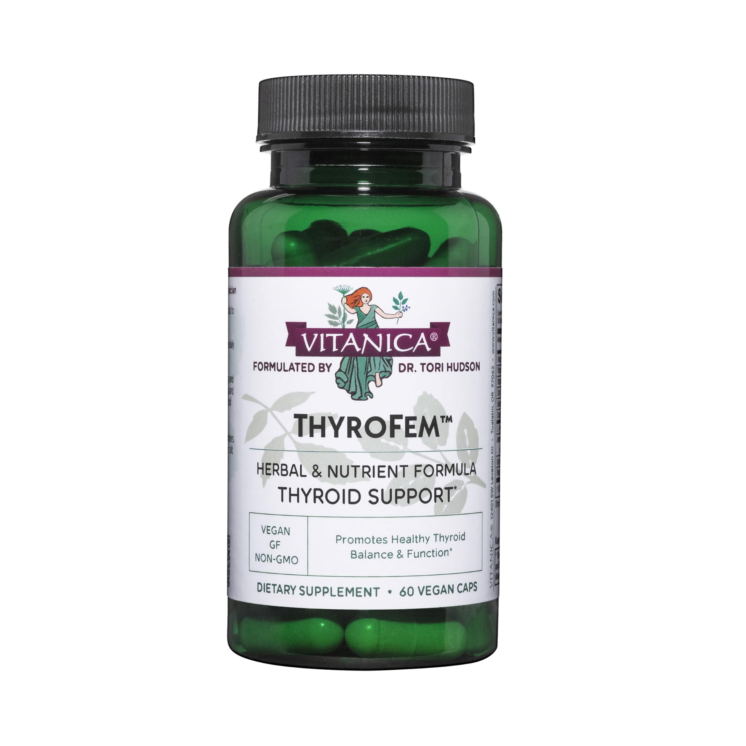Vitanica ThyroFem: envase de cápsulas, cómodo para uso diario y apoyo tiroideo.