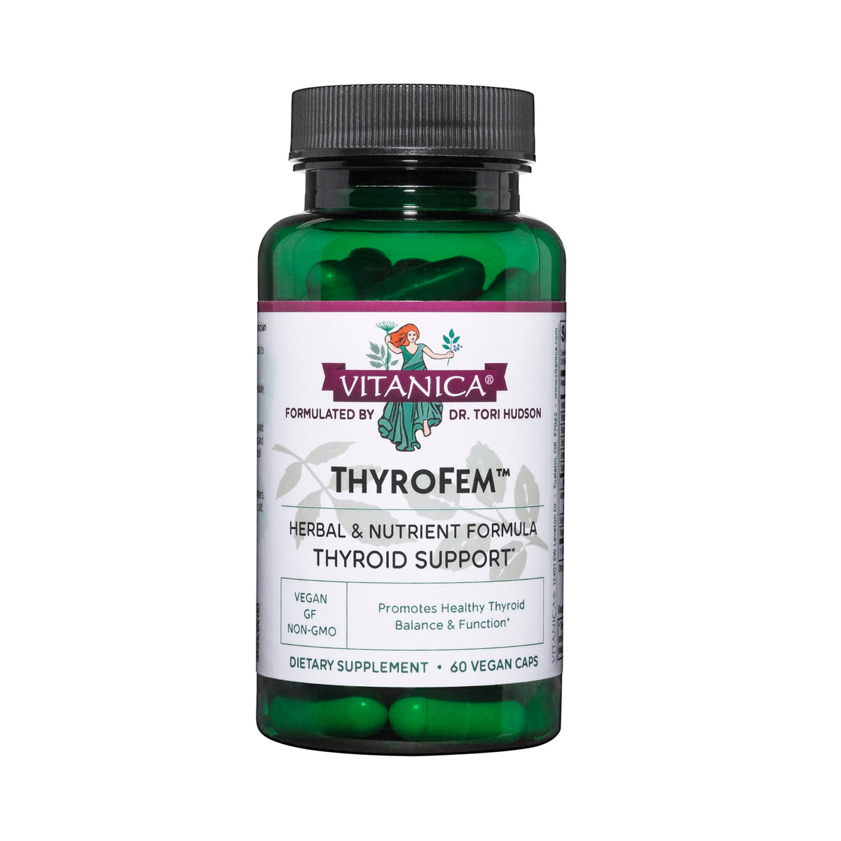 Vitanica ThyroFem: envase de cápsulas, cómodo para uso diario y apoyo tiroideo.