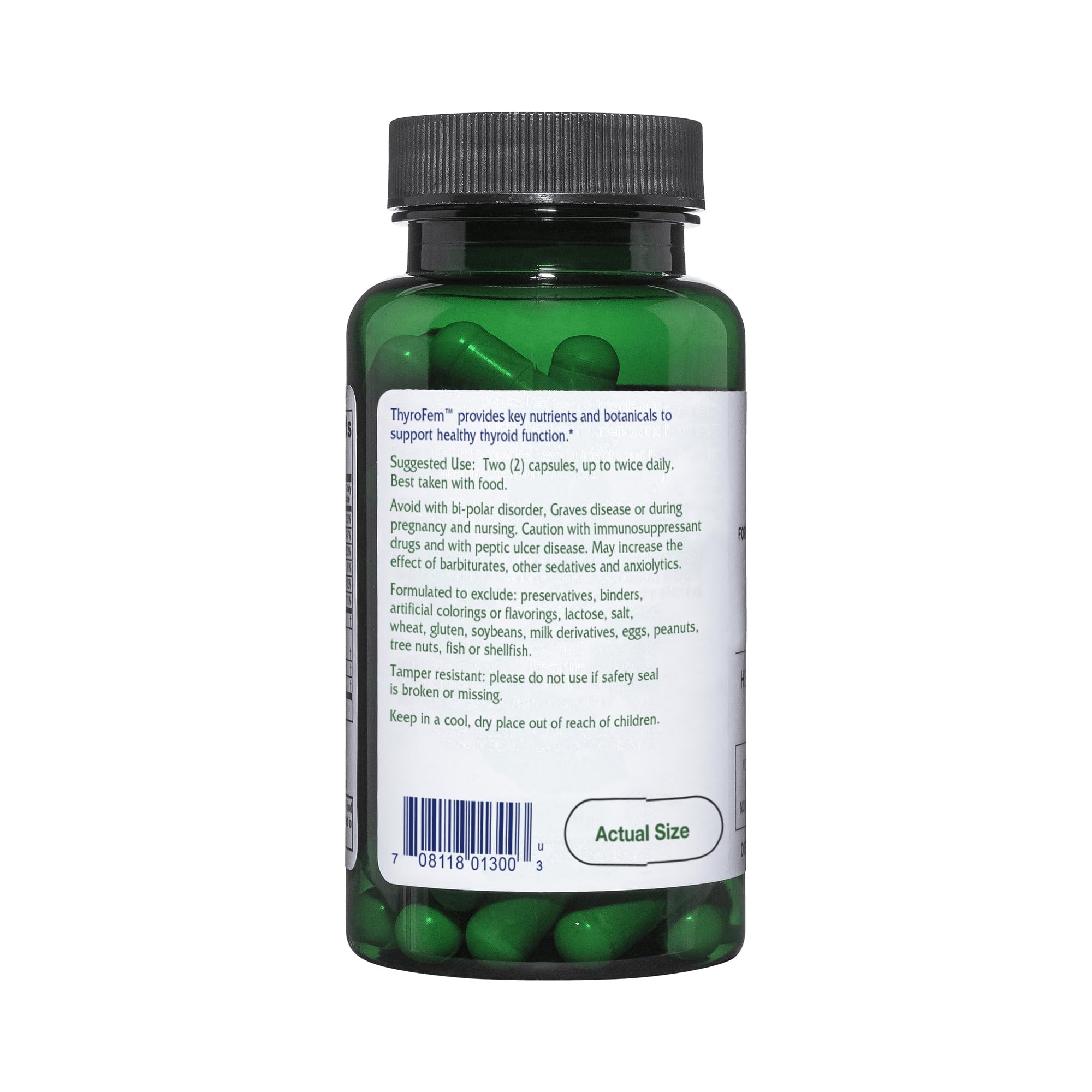 Etiqueta de Vitanica ThyroFem con lista de nutrientes clave.