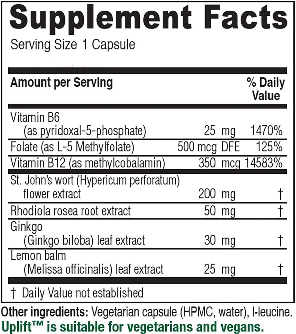 Etiqueta de Vitanica Uplift, detalle de ingredientes clave para bienestar emocional