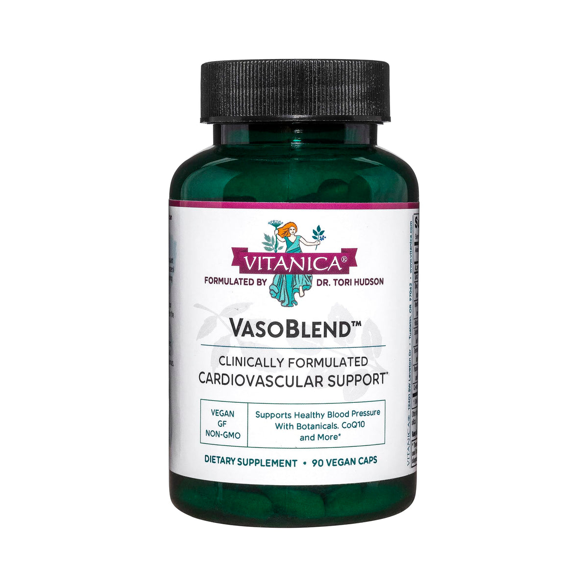 Vitanica VasoBlend, botella de cápsulas veganas, para apoyar la salud cardíaca.