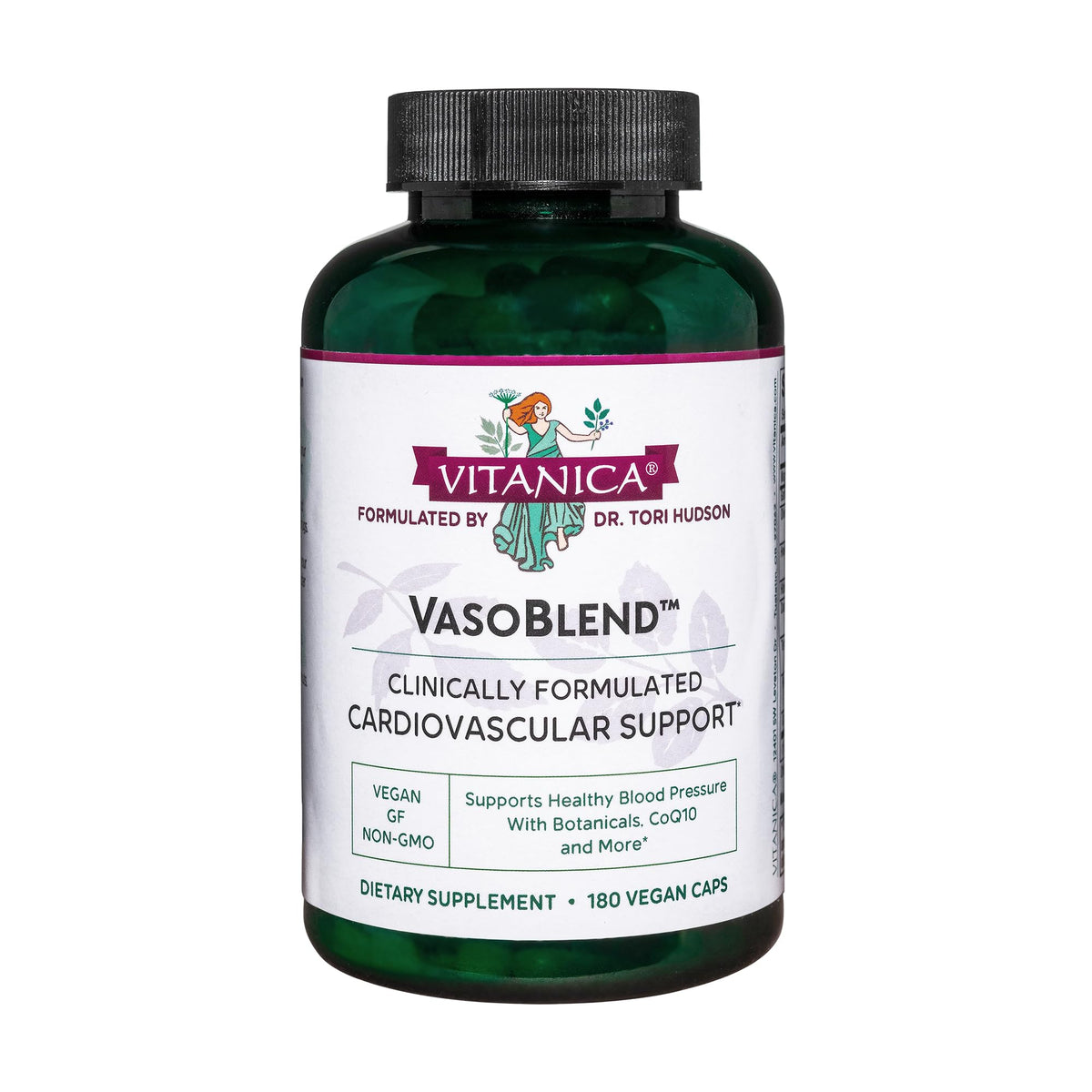 Vitanica VasoBlend: botella en primer plano para apoyo potencial del sistema cardiovascular.