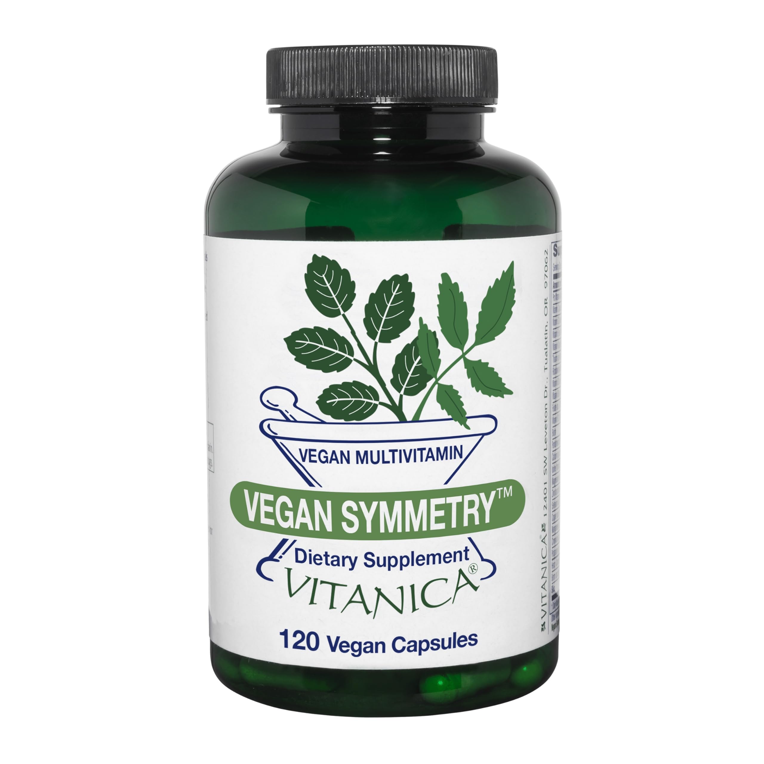 Vitanica Vegan Symmetry, botella frontal, apoyo diario para una dieta vegana equilibrada.