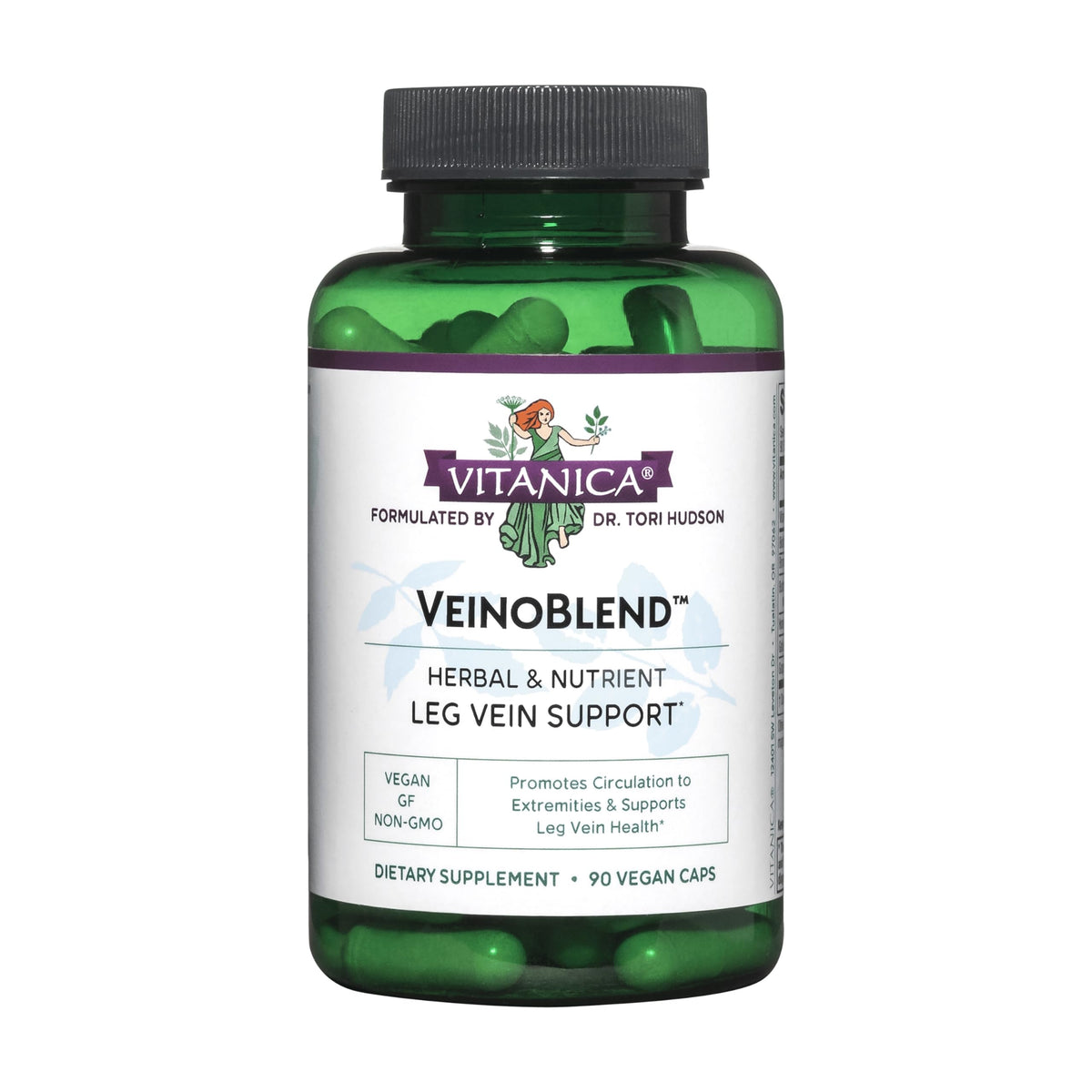 Vitanica VeinoBlend botella frontal muestra soporte venoso suave para piernas.