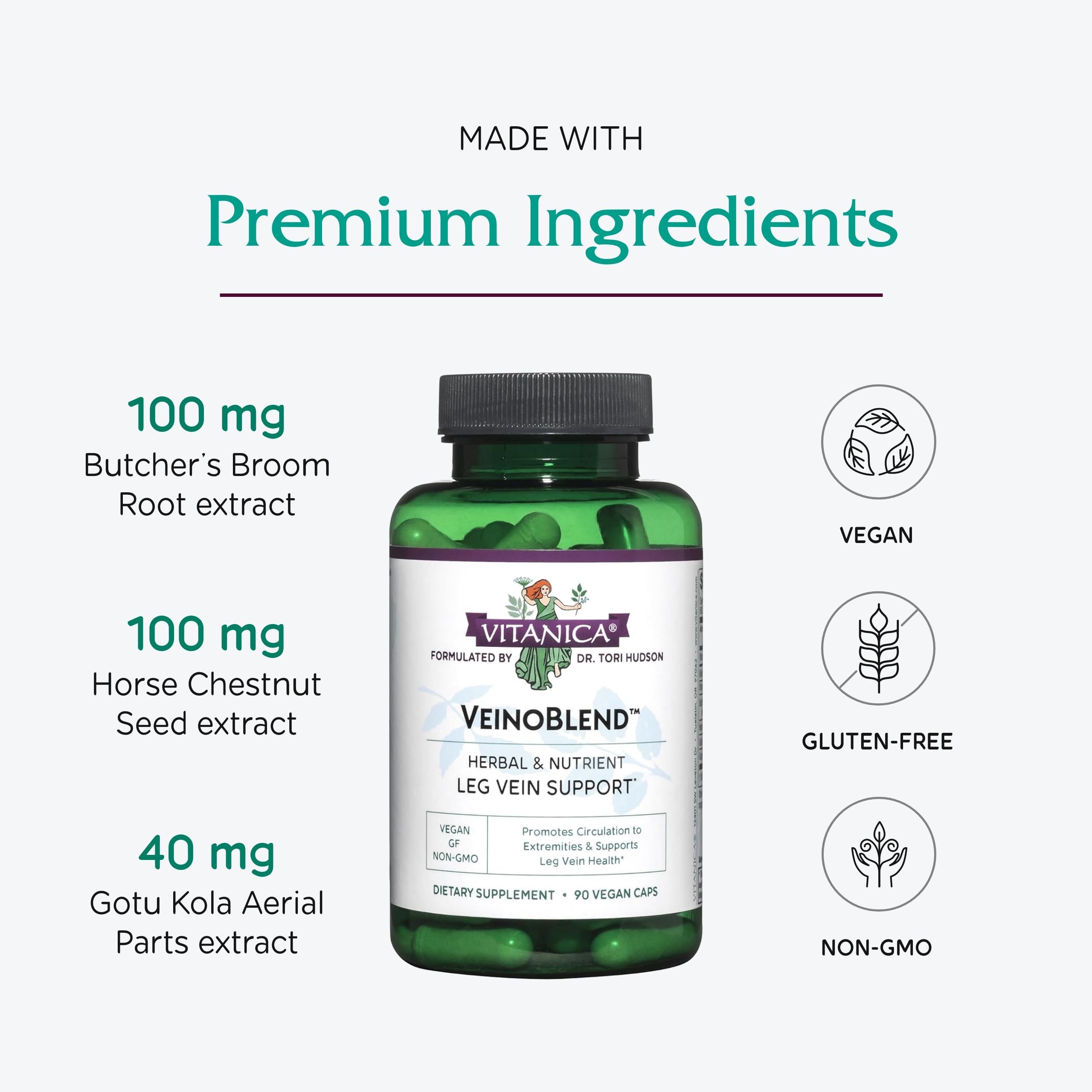 Caja externa VeinoBlend muestra presentación ecológica y vegana.