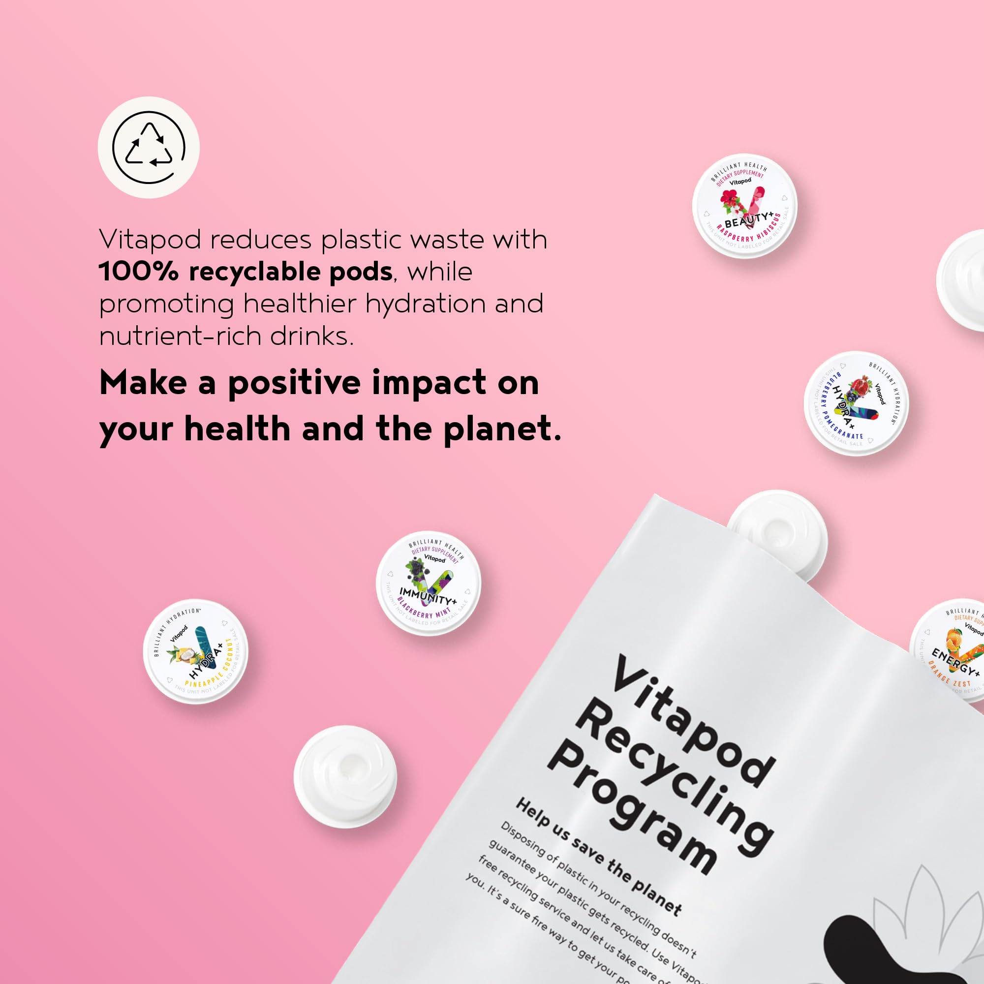 Vitapod Empaque sostenible: capsulas reciclables y cuidado del planeta.
