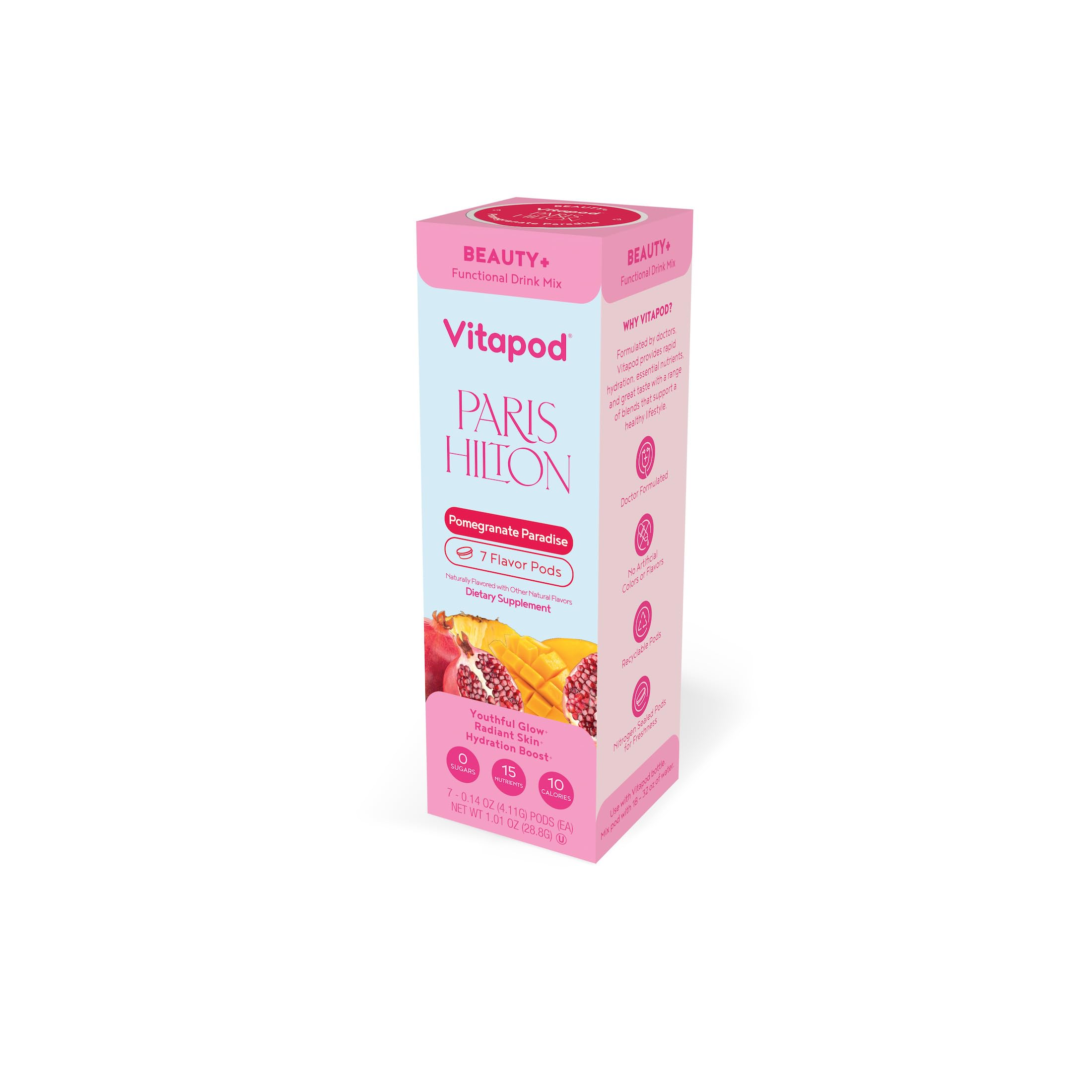 Vitapod Paris Hilton Beauty Granada Paradise, pod visible, promueve brillo natural de la piel.