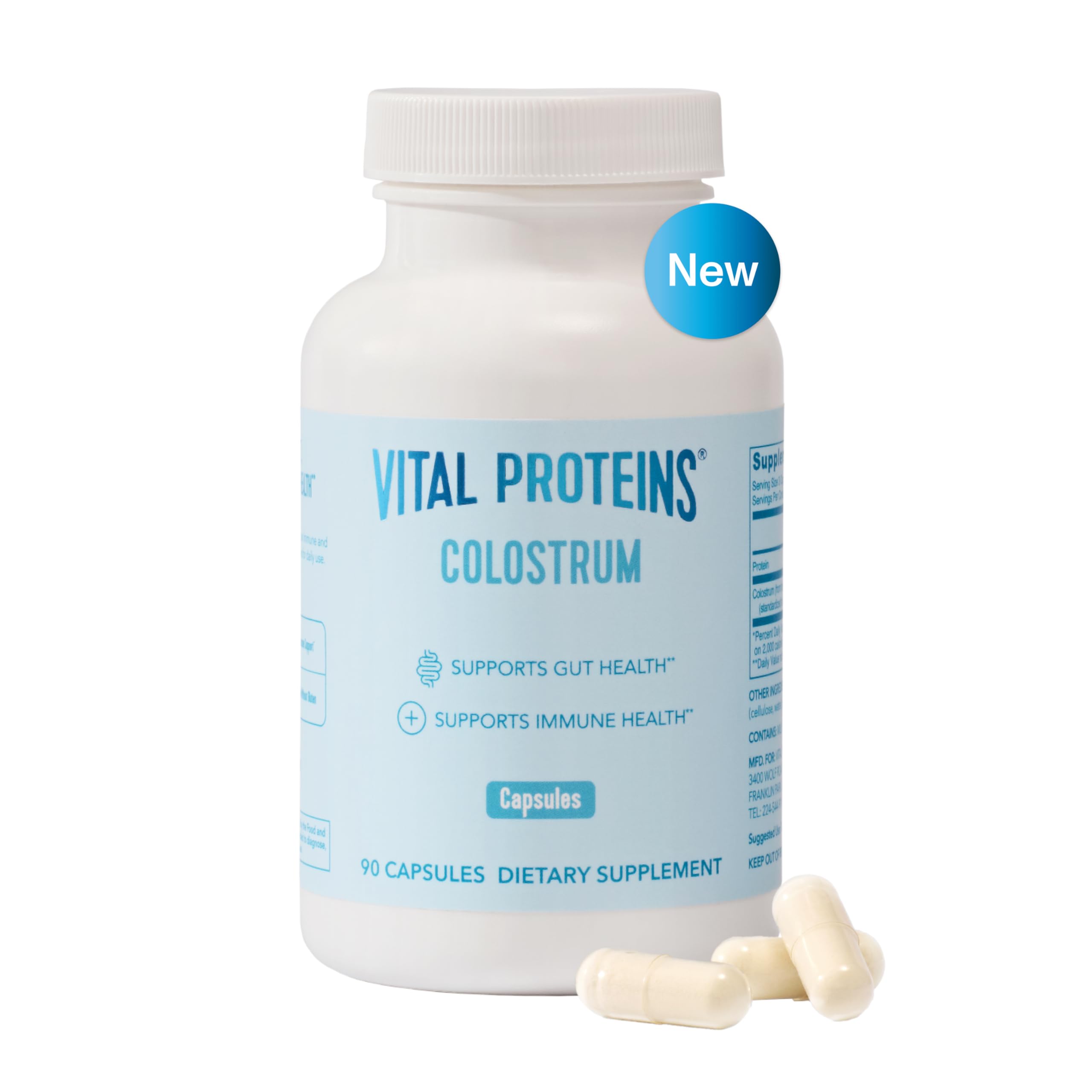 Vital Proteins colostro bovino, cápsulas frente al envase, posible apoyo digestivo.