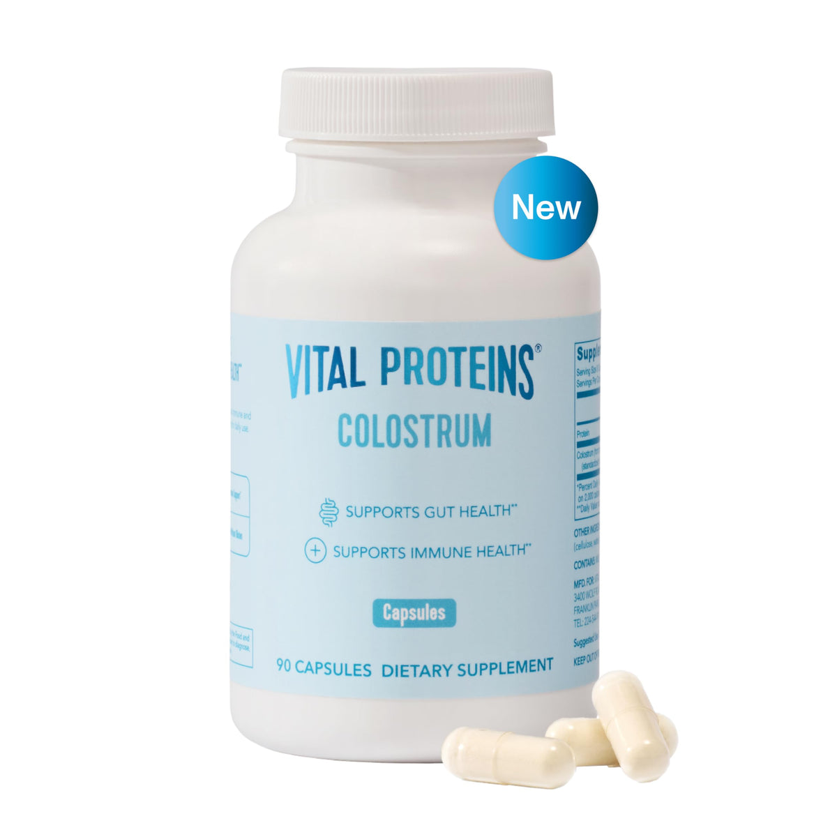 Vital Proteins colostro bovino, cápsulas frente al envase, posible apoyo digestivo.