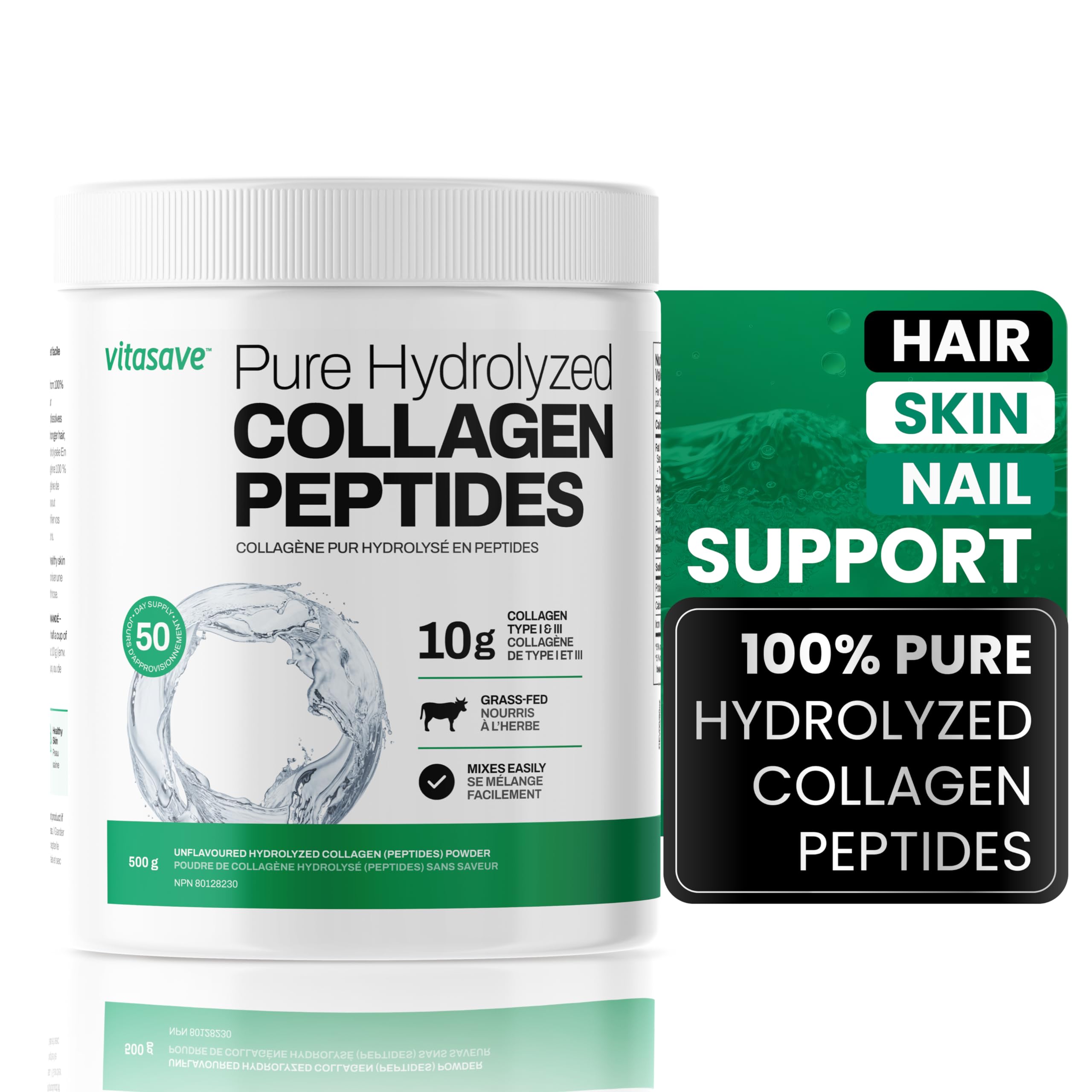 Vitasave Colágeno Péptidos en polvo, envase de 500 g para almacenamiento cómodo.
