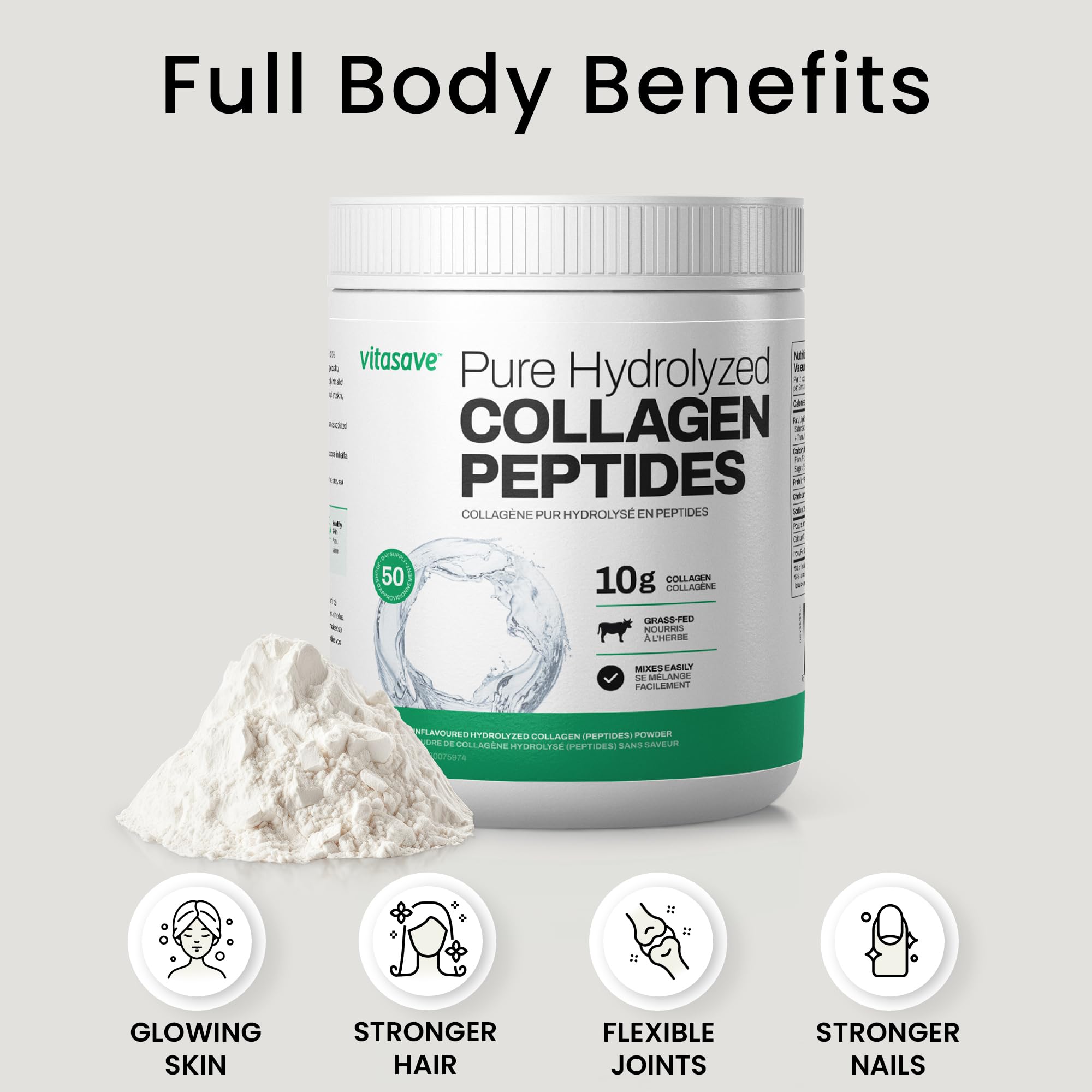Vitasave Colágeno Péptidos estilo de vida saludable con uso diario.