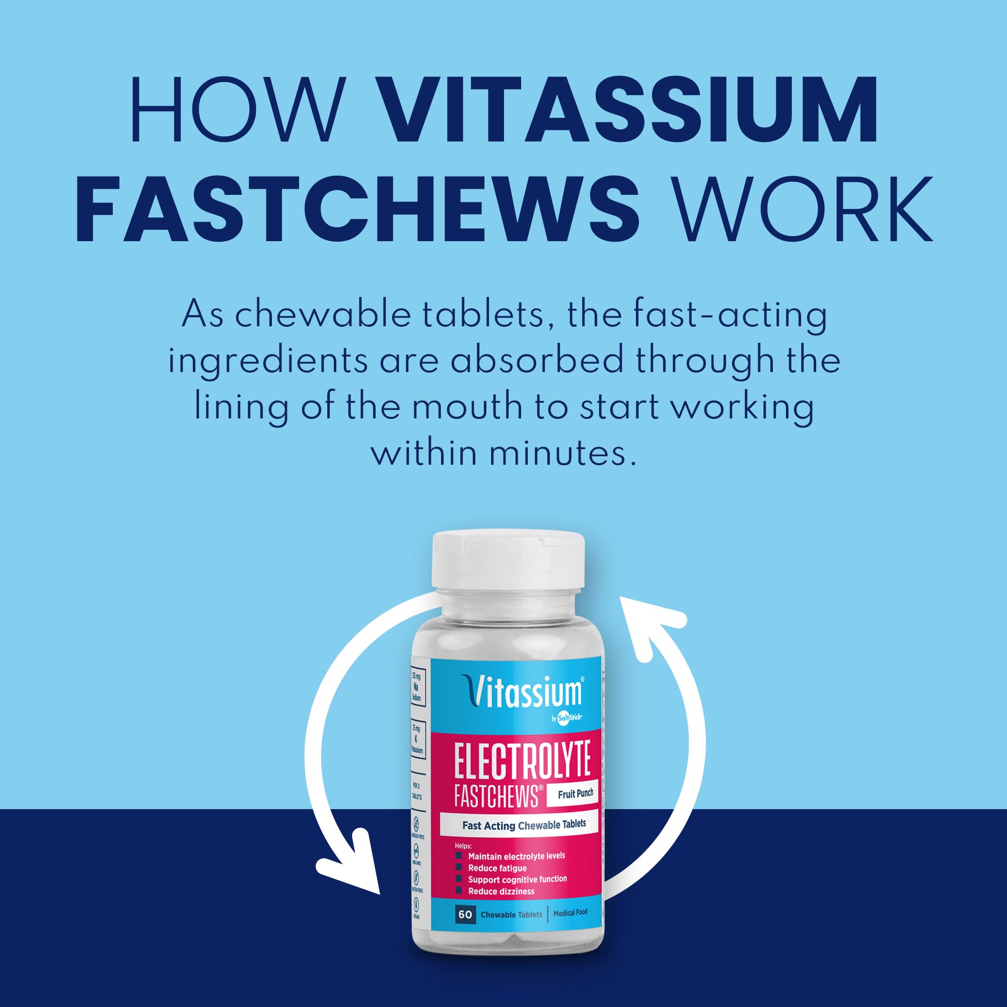 Vitassium FastChews: tabletas Fruta Punch en primer plano para alivio rápido.