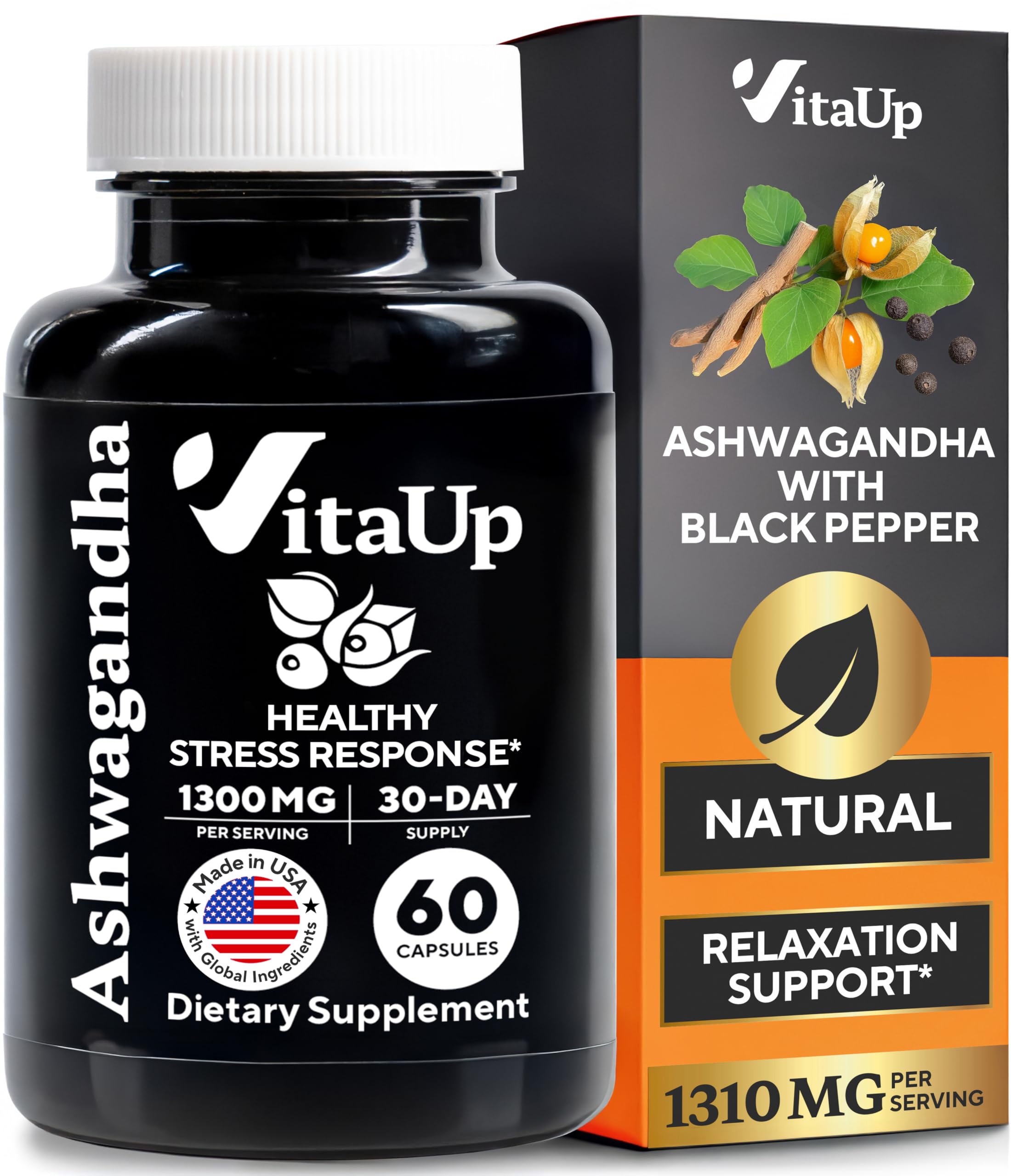 VitaUp Ashwaganda cápsulas 1310mg, apoyo suave para la relajación diaria.