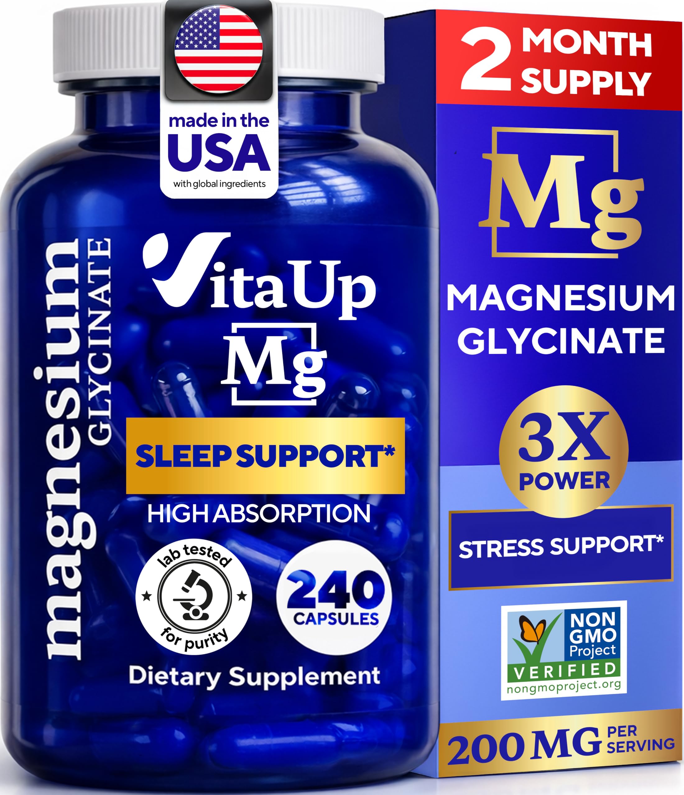 VitaUp magnesio glicinato 200 mg, cápsulas para relajación y sueño suave.