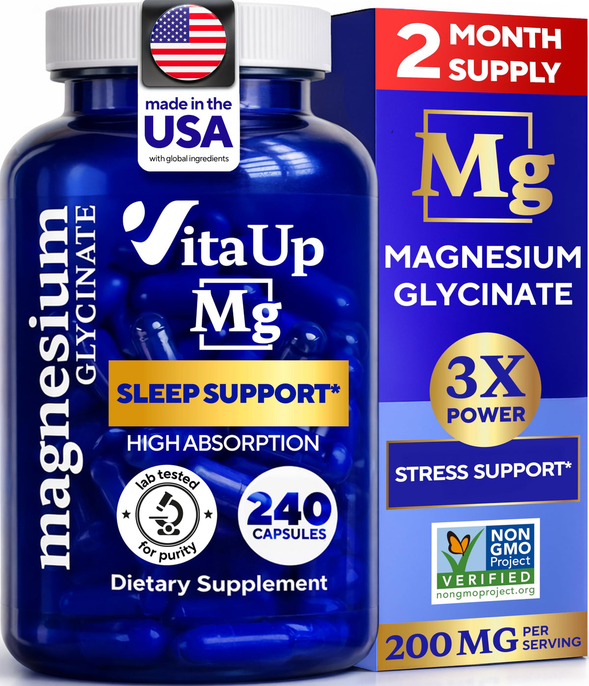 VitaUp magnesio glicinato 200 mg, cápsulas para relajación y sueño suave.