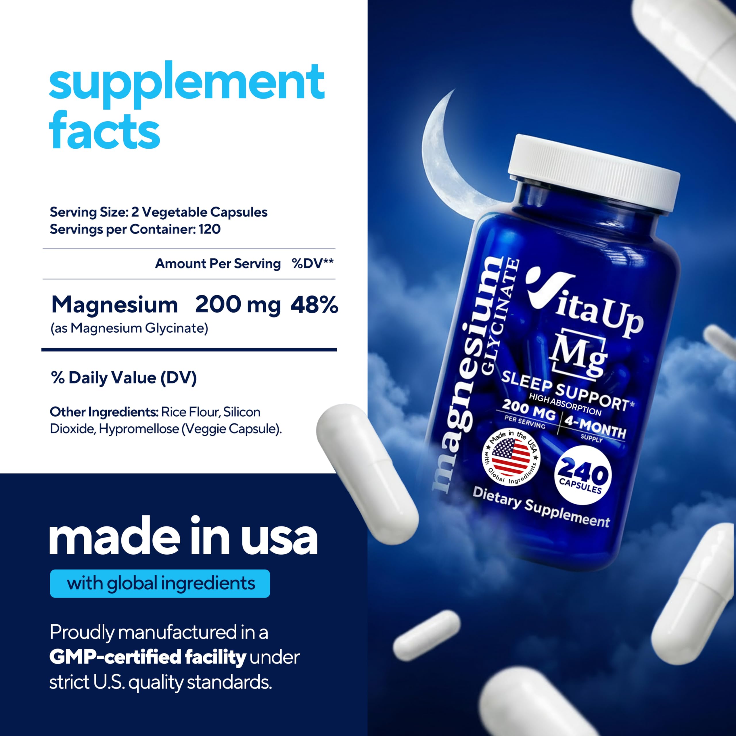 VitaUp magnesio glicinato 200 mg, botella lista para uso diario.