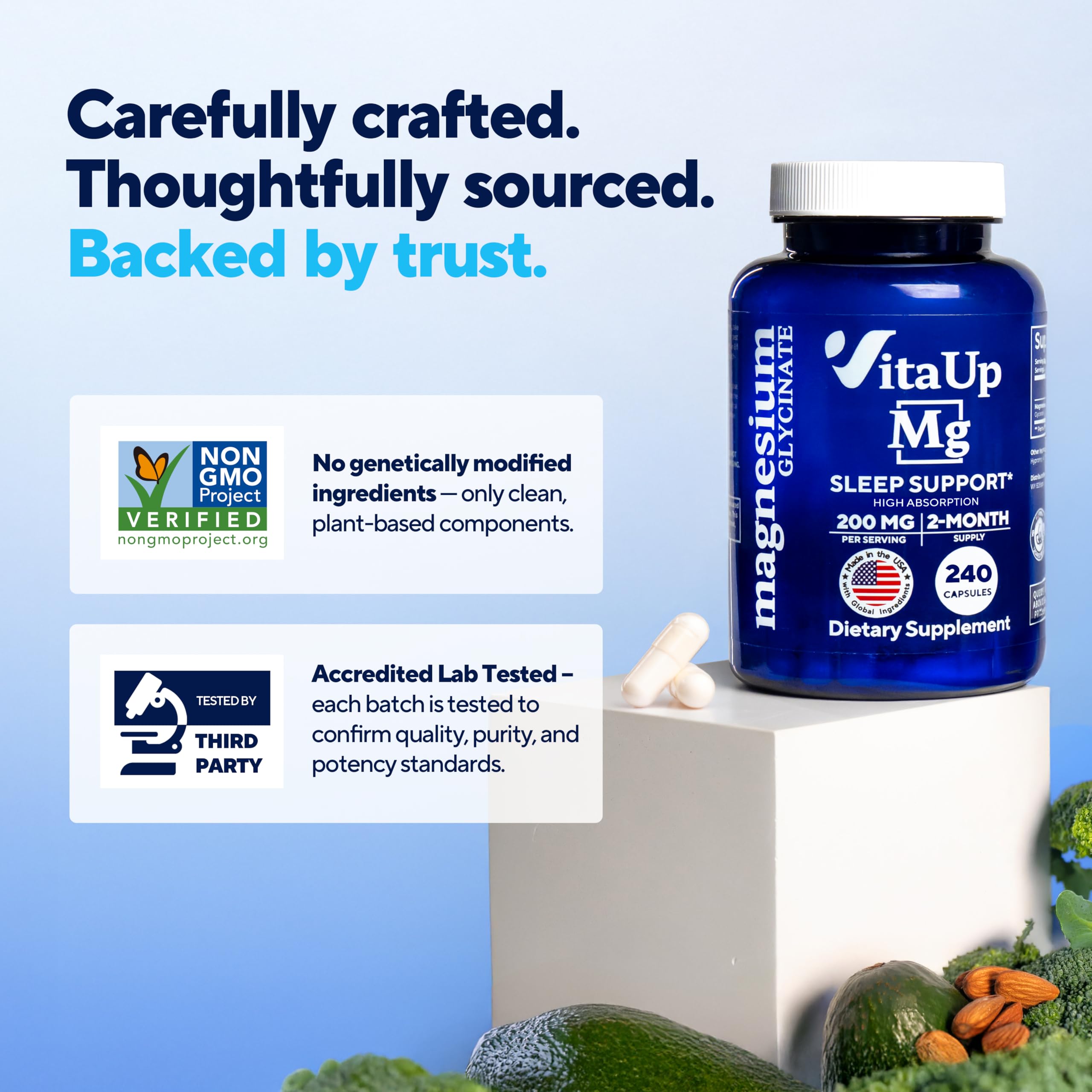 VitaUp magnesio glicinato 200 mg, primer plano de cápsulas.