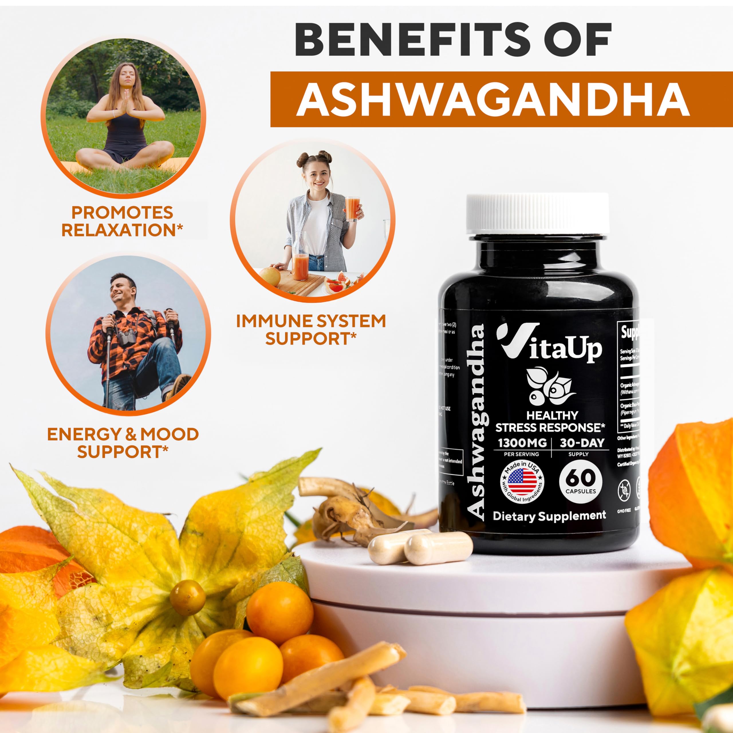 VitaUp Ashwagandha con pimienta negra mejora la absorción.