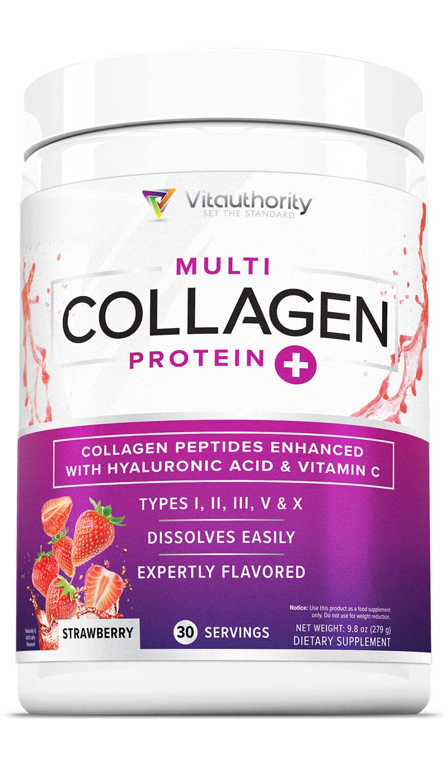 Vitauthority colágeno para mujeres en bote, enfoque de consumo diario para cabello y piel.