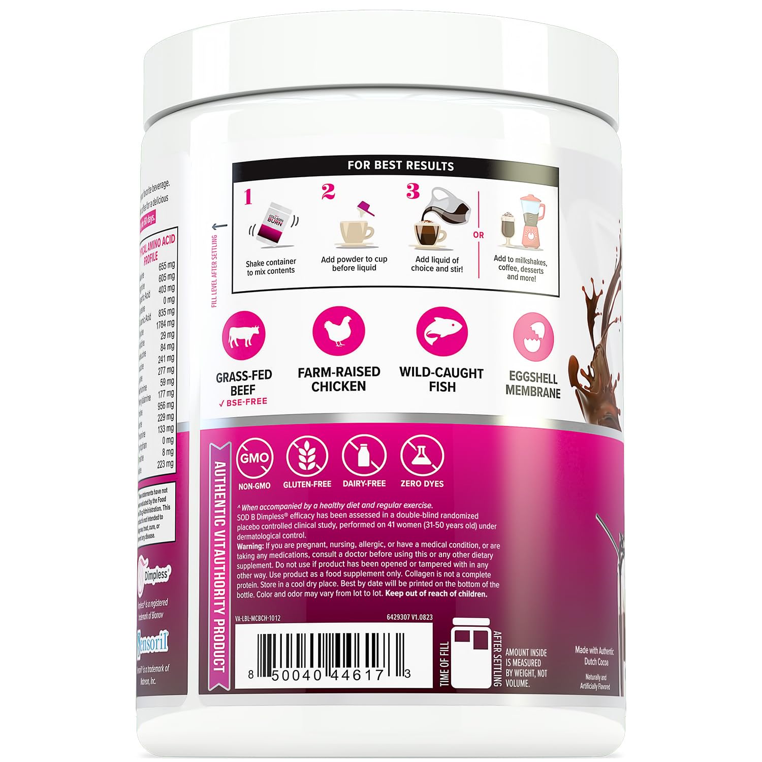 Vitauthority Collagen Peptides chocolate, batido cremoso para piel y cabello saludables.