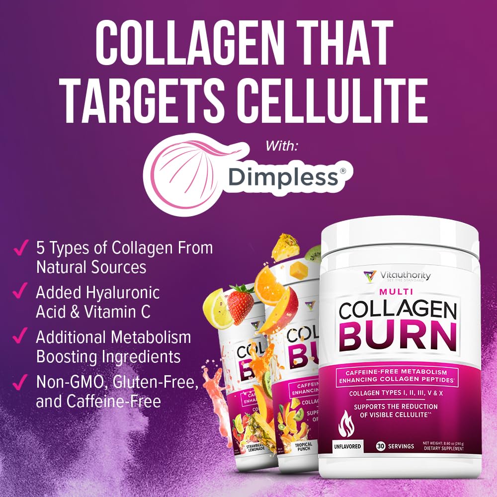 Vitauthority Collagen Peptides chocolate, lata en mostrador como apoyo diario de belleza.