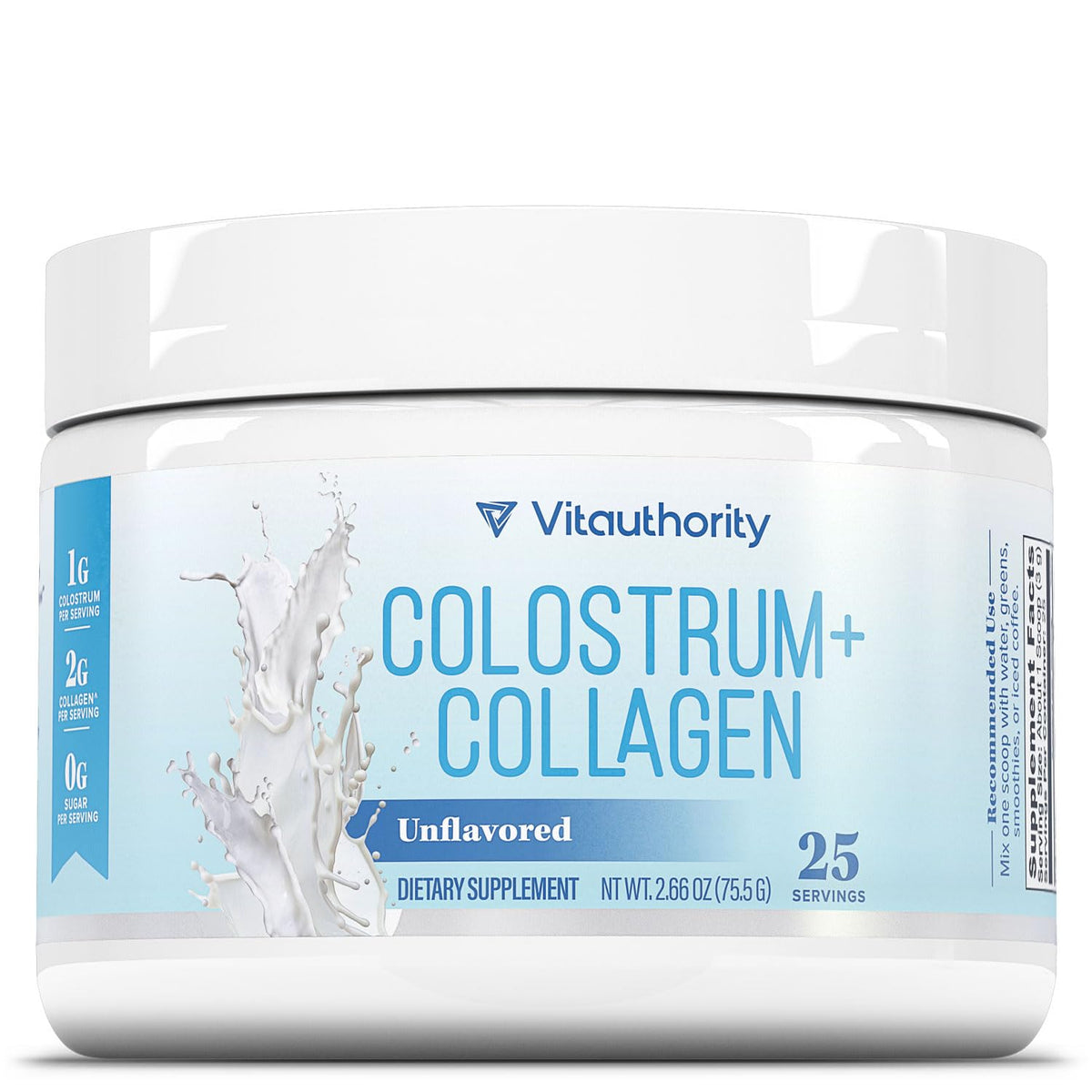 Vitauthority Colostro-Colágeno polvo sabor naranja crema, ideal para bebidas.