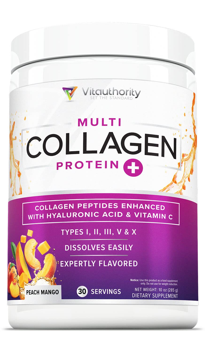 Vitauthority Multi Collagen durazno mango, bote frontal, belleza de piel y cabello
