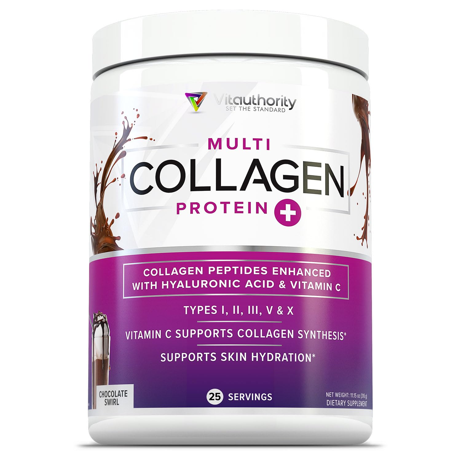 Vitauthority Multi Collagen polvo chocolate en frasco para cabello, piel y uñas