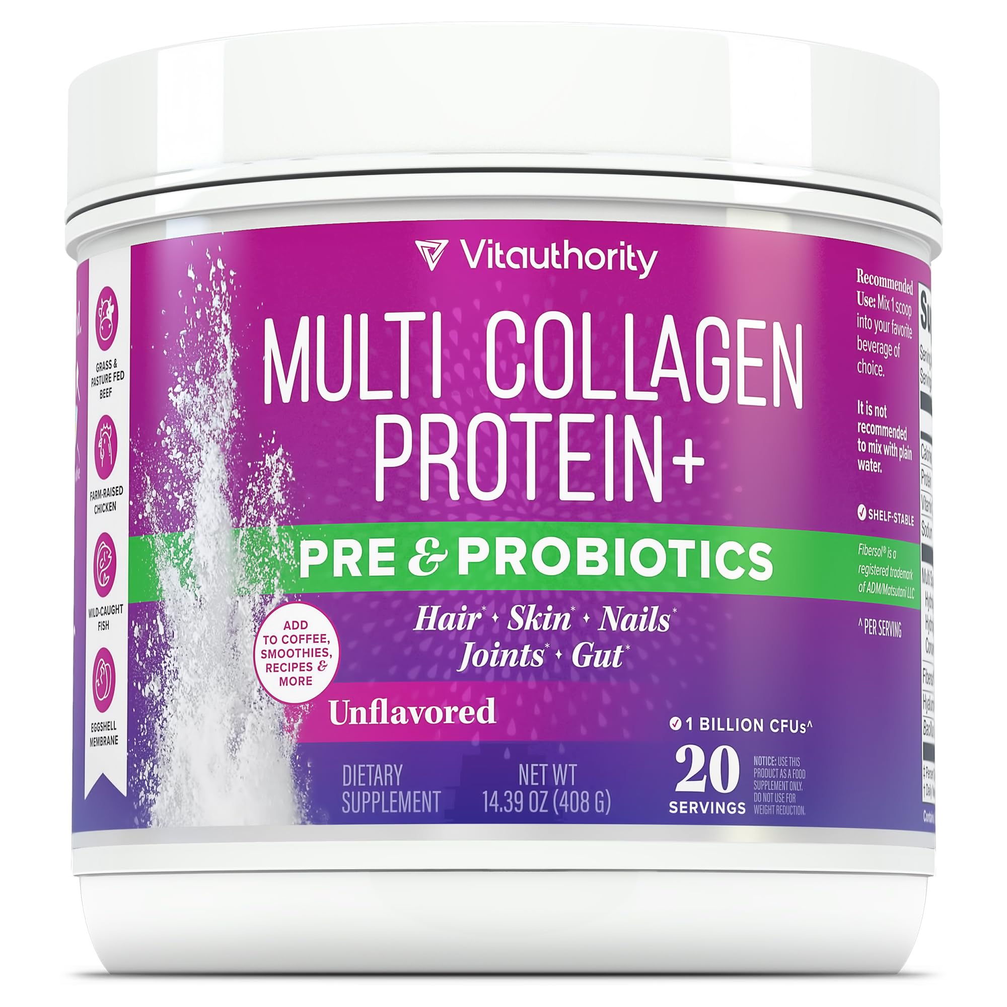 Vitauthority Multi Collagen Probiotics bote frontal para iniciar la rutina diaria