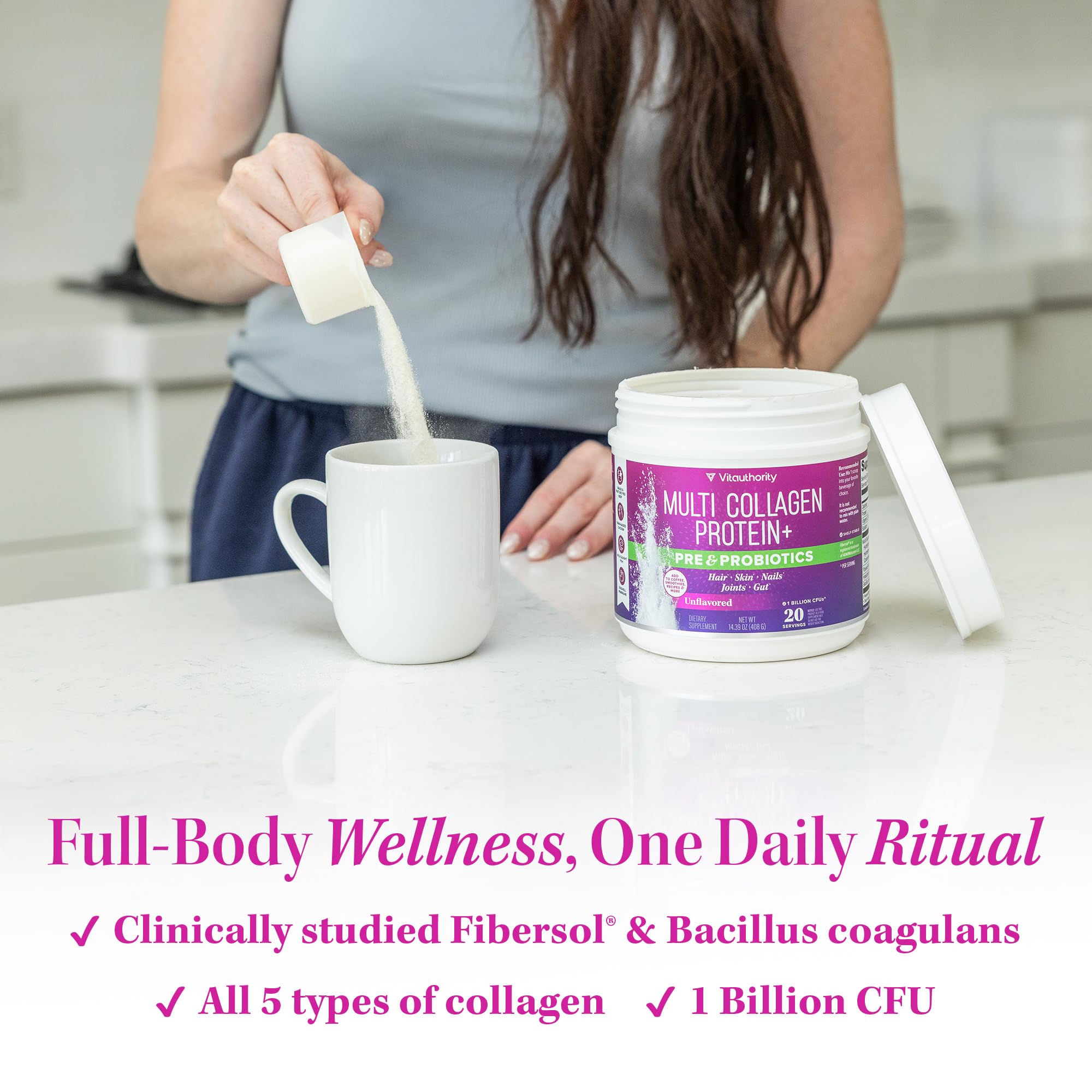 Dosis con cuchara Vitauthority Multi Collagen Probiotics, porción práctica