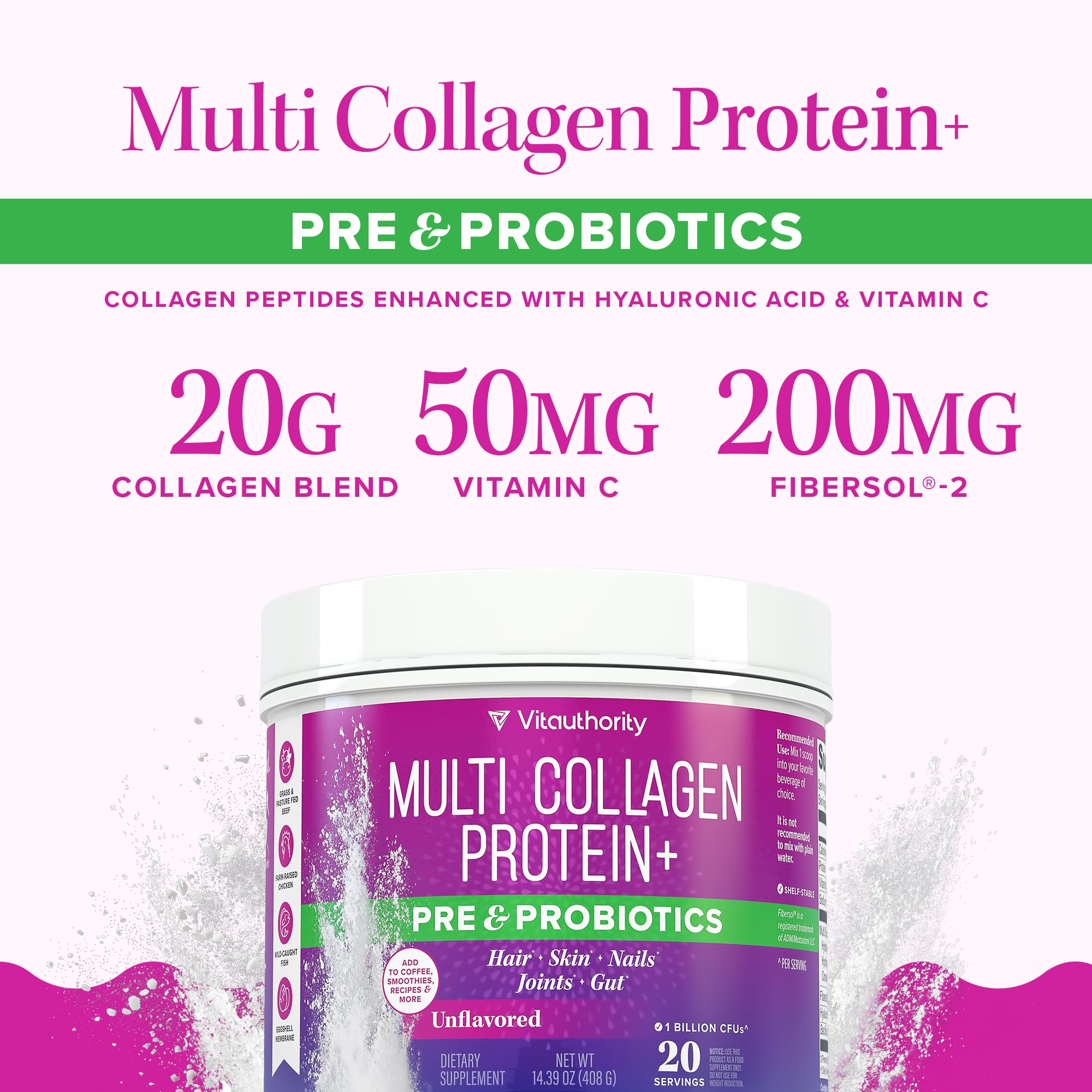 Polvo blanco de Vitauthority Multi Collagen Probiotics, libre de sabor