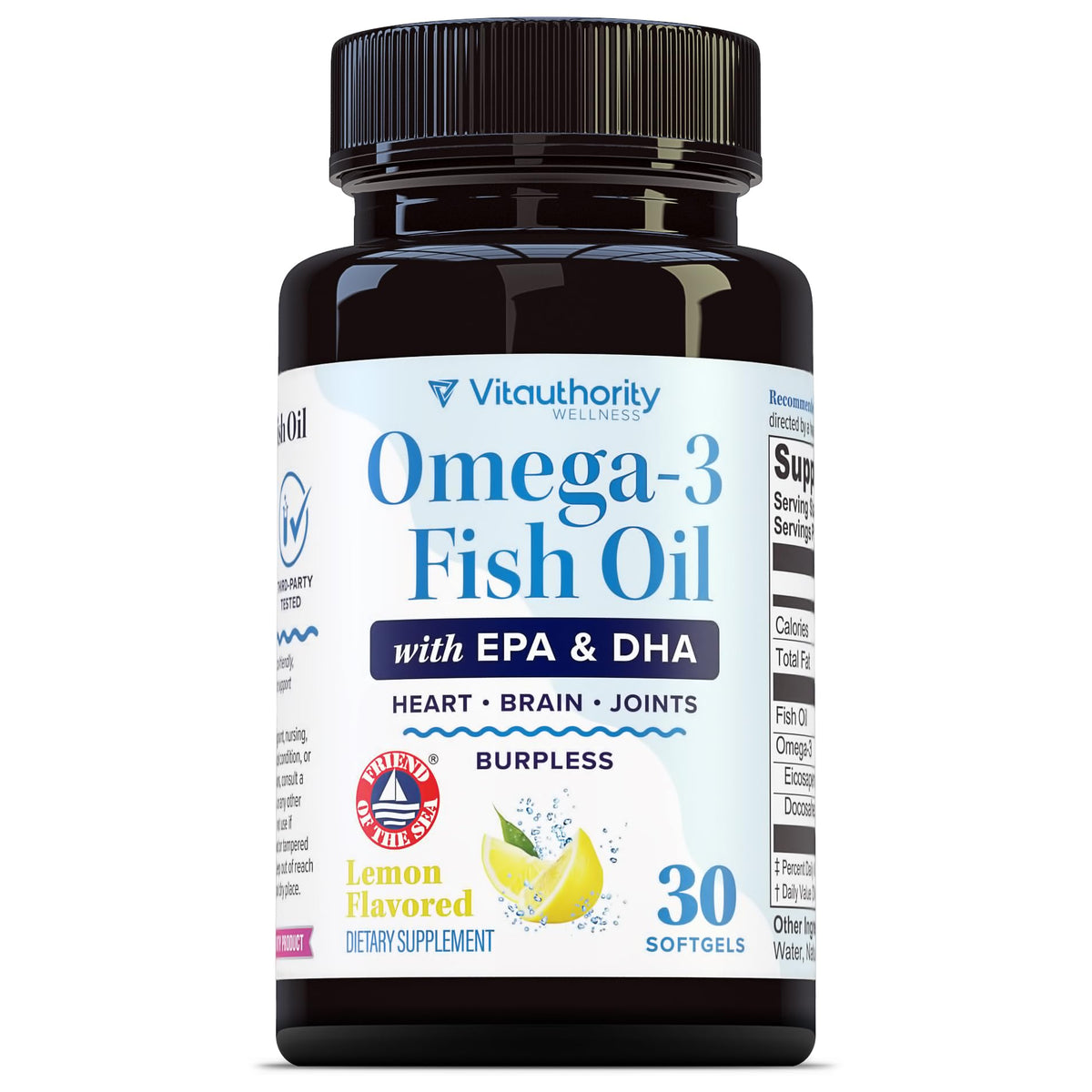 Vitauthority Omega-3: botella frontal para uso diario, apoyo al corazón.