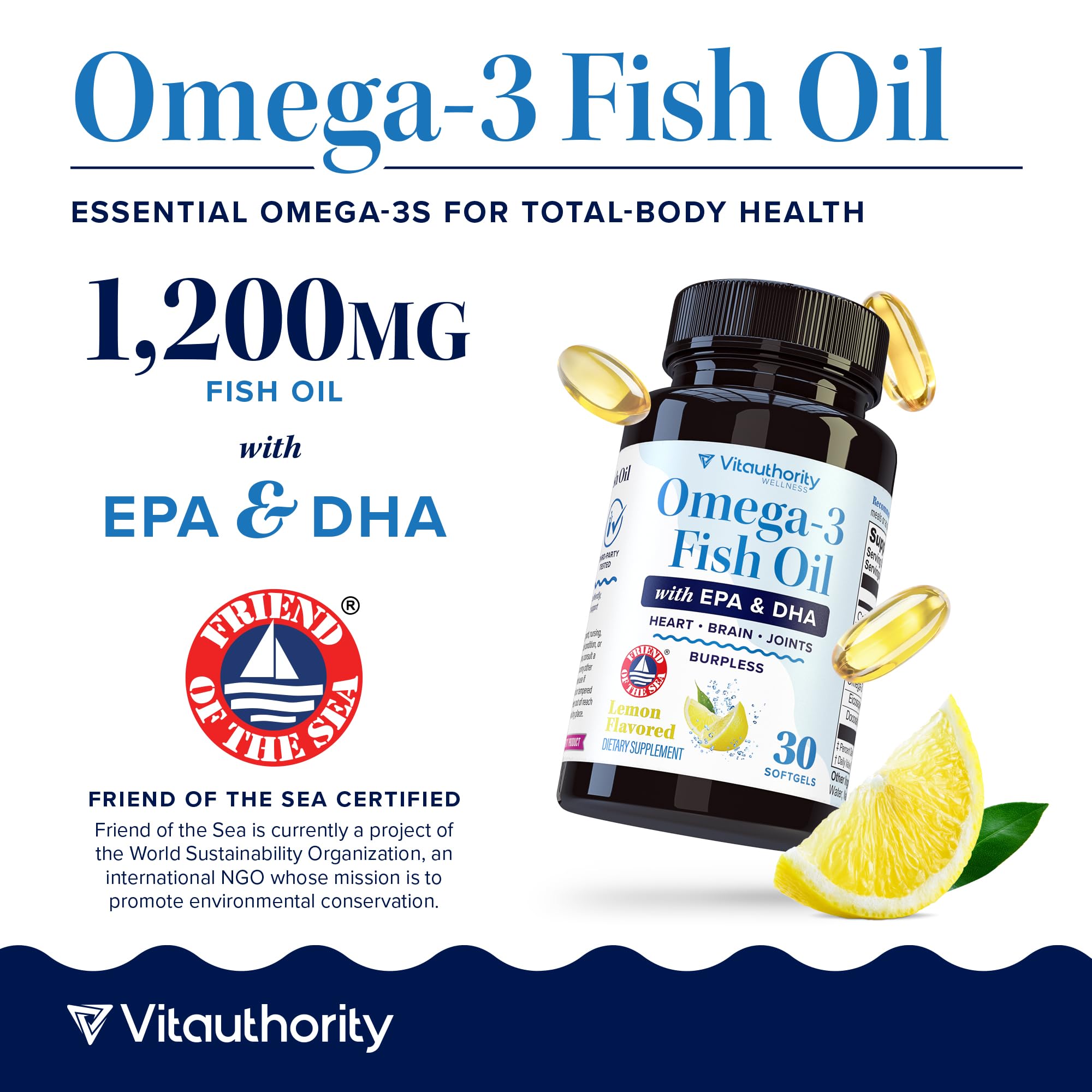 Vitauthority Omega-3: certificado Friend of the Sea de origen sostenible.
